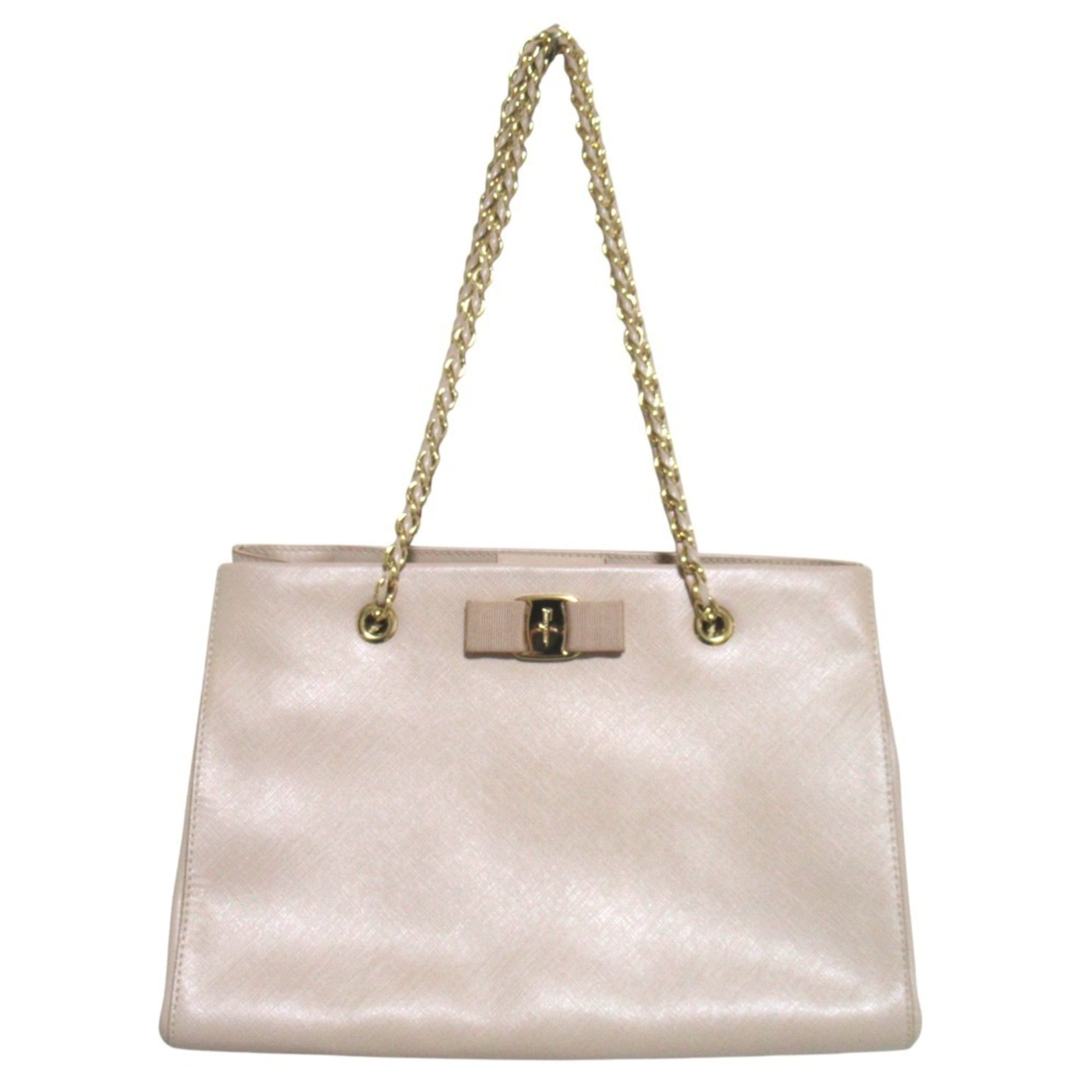 Salvatore Ferragamo Vara Ribbon Chain Tote Bag Shoulder Beige x Gold Hardware Women's — Like New