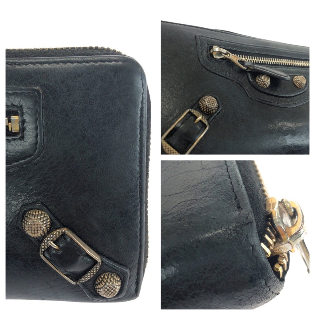 BALENCIAGA City Classic Continental Black Leather Long Wallet with Gold Hardware, Round Zipper, 253053, Women's