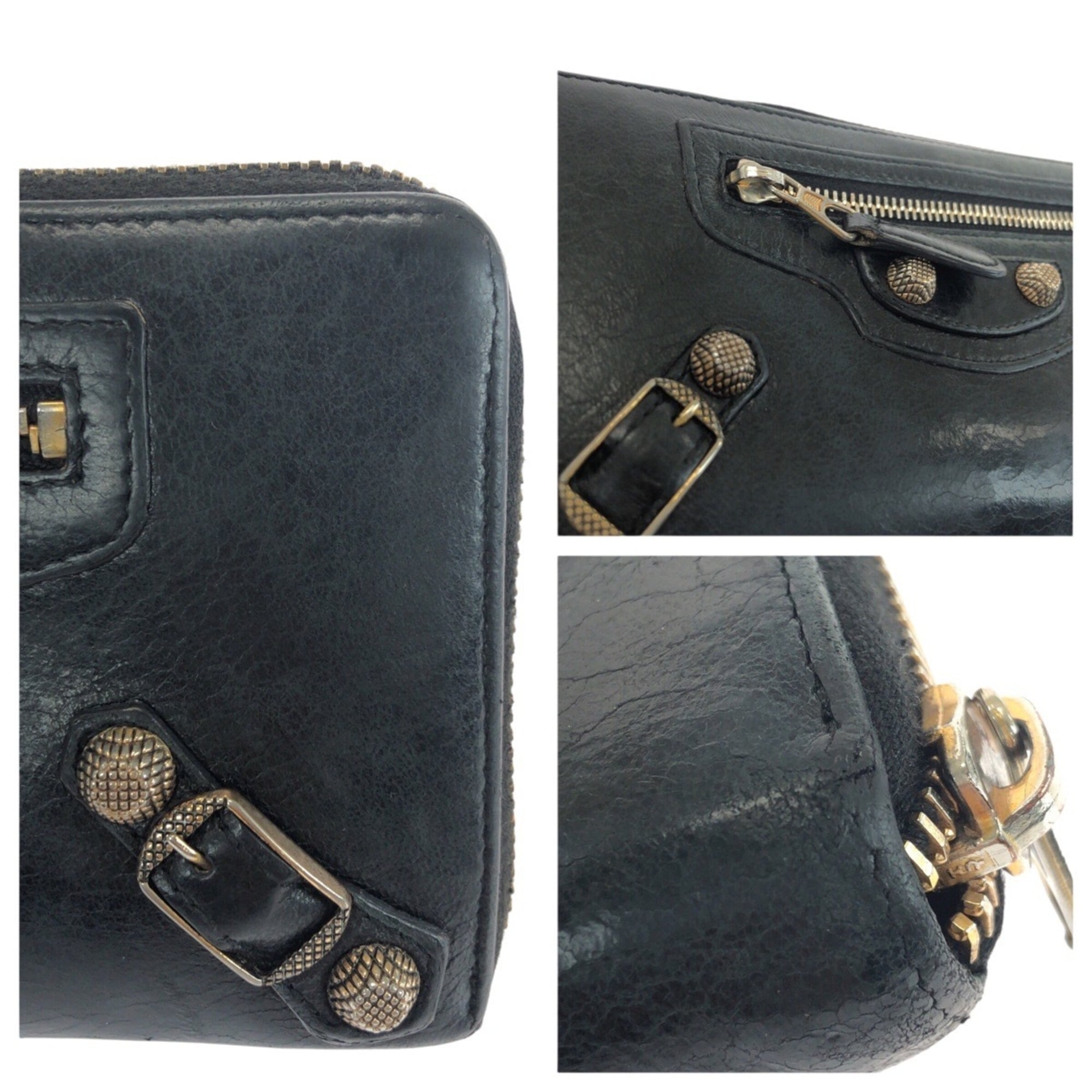 BALENCIAGA City Classic Continental Black Leather Long Wallet with Gold Hardware, Round Zipper, 253053, Women's