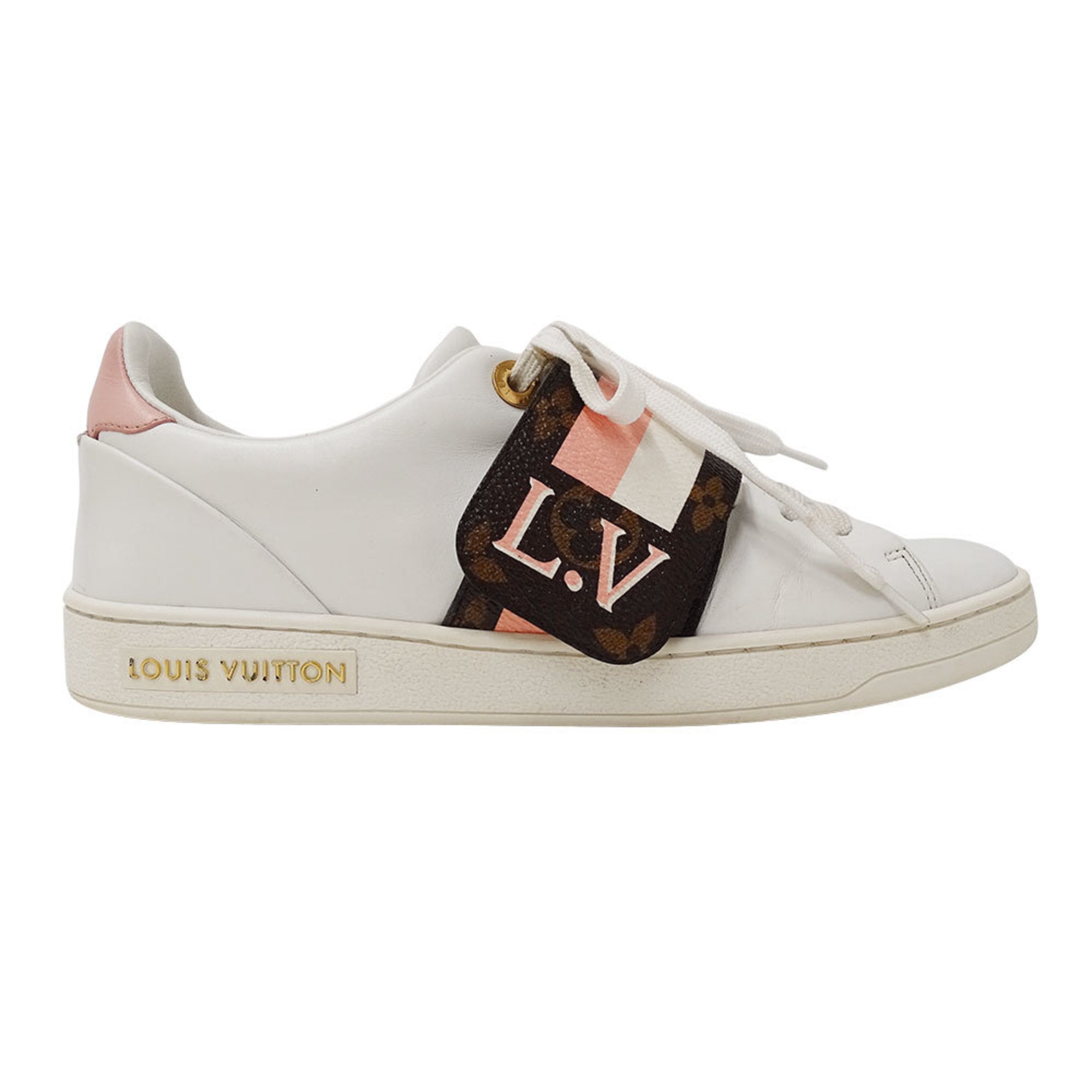 Louis Vuitton Monogram Women's Leather Front Row Line Sneakers in White and Pink, Size 35 (22.5cm) with Logo