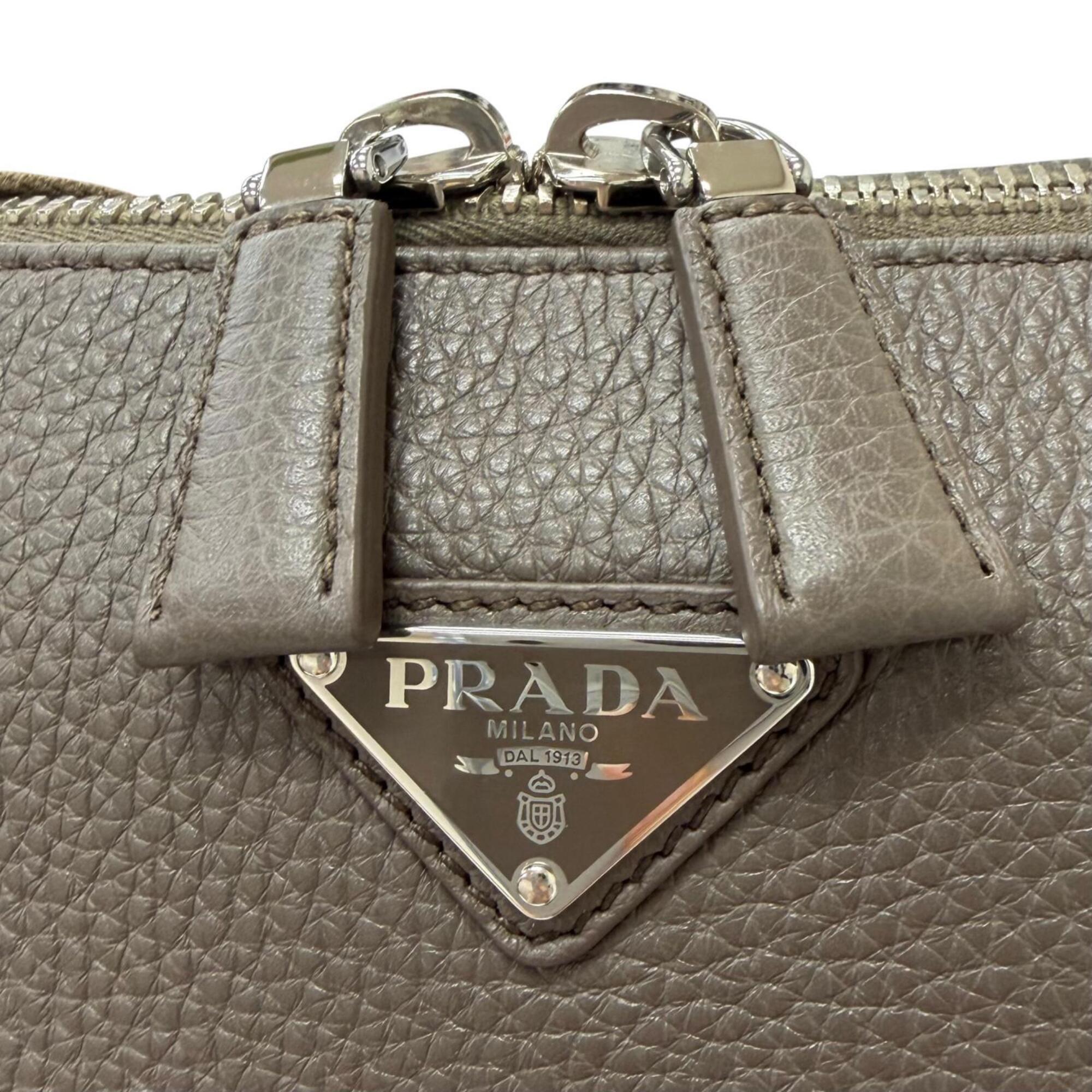 PRADA 2VH182 Vitello Daino Leather Triangle Logo Crossbody Shoulder Bag, Greige, Made in Italy, Men's — Like New