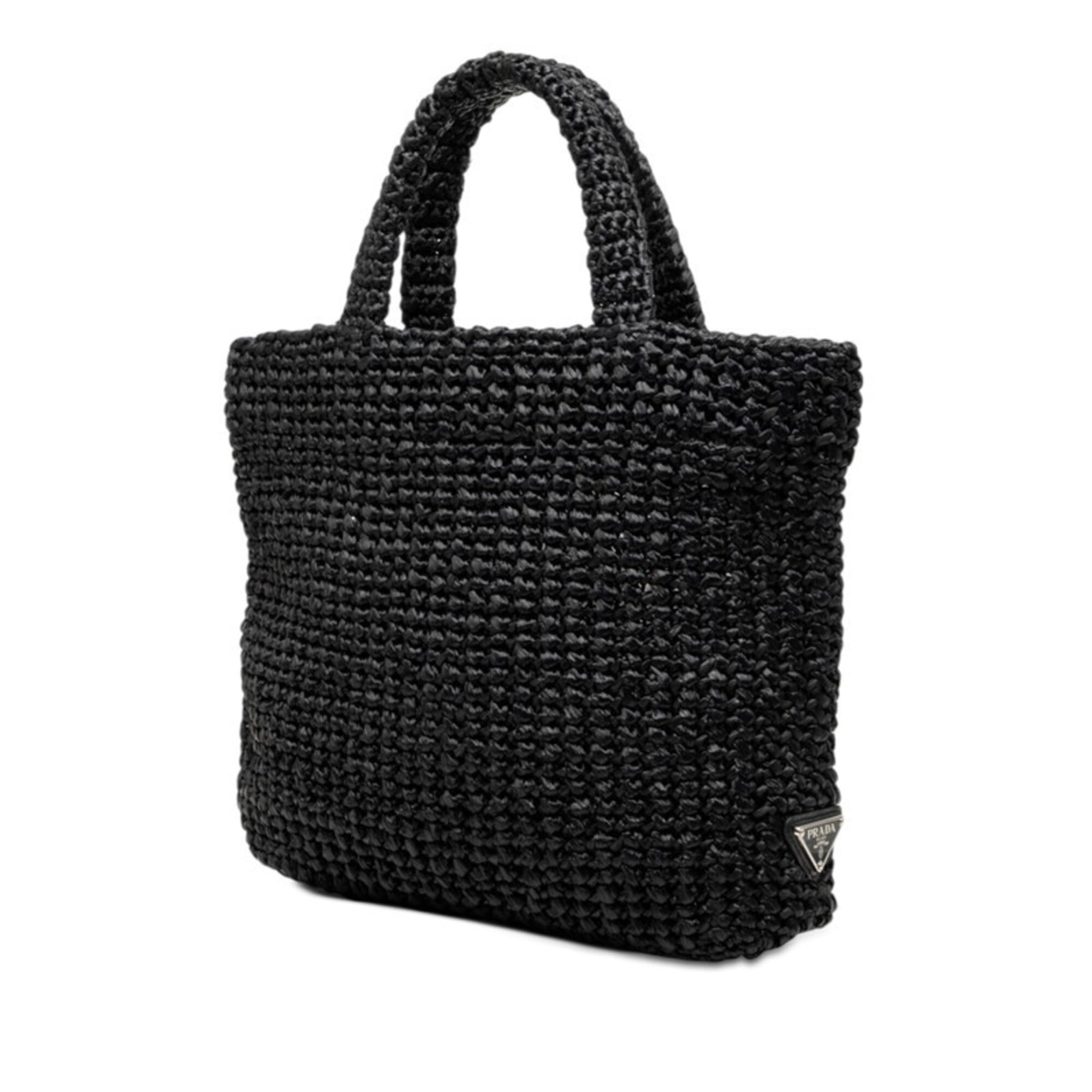 Prada Crochet Triangle Logo Plate Tote Bag Handbag Black Viscose Women's PRADA — Like New