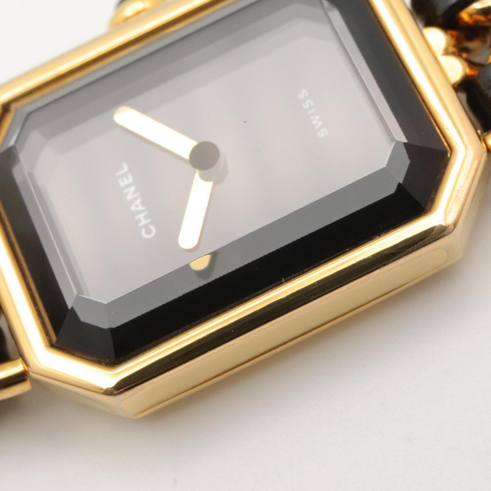 Chanel CHANEL Première S Watch, Gold Plated (GP), Leather Strap, Women's, Black, H0001 — Very Good