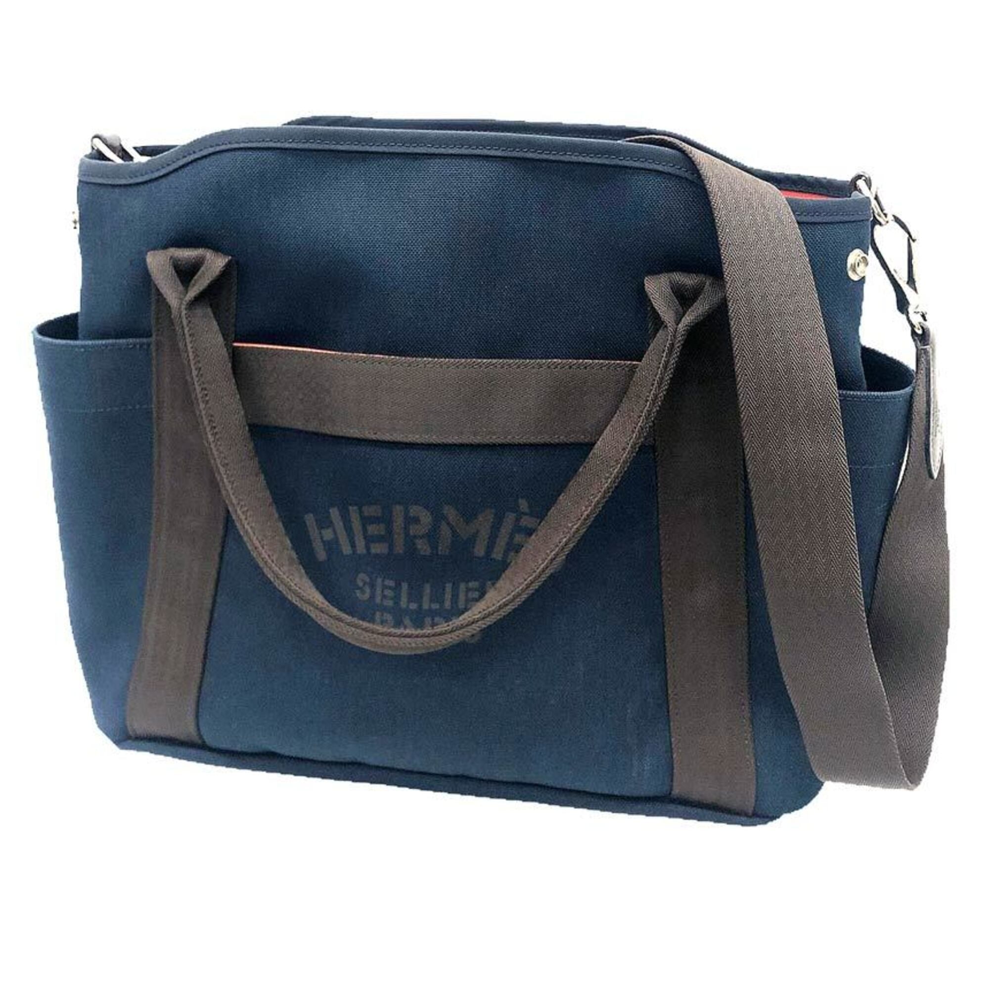 HERMES Sac de Pansage Groom Tote Bag Shoulder Toile Military Canvas Navy x Brown Y Stamp Men's Women's — Like New