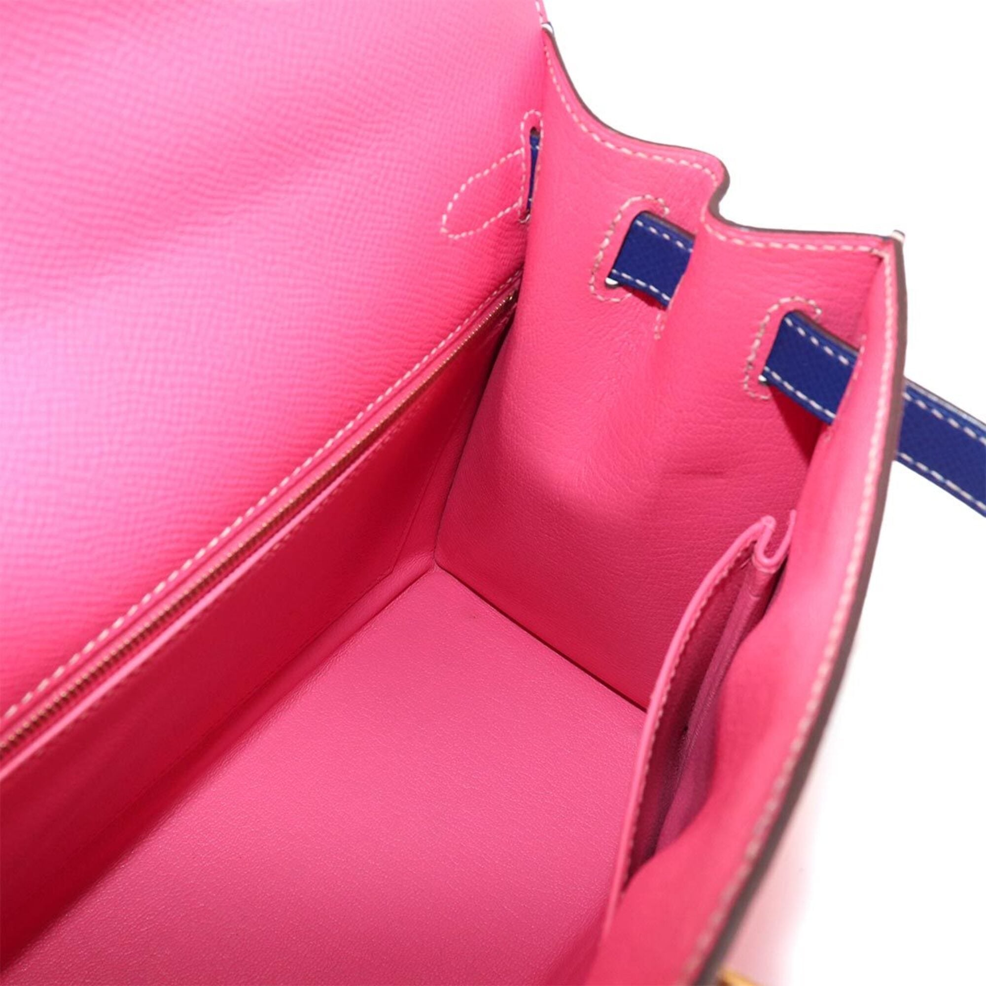 Hermes Kelly 28 Personal SPO Epsom Rose Azalee Blue Electric Hand Shoulder Handbag A Stamp External Stitching Matte Gold Hardware — Like New
