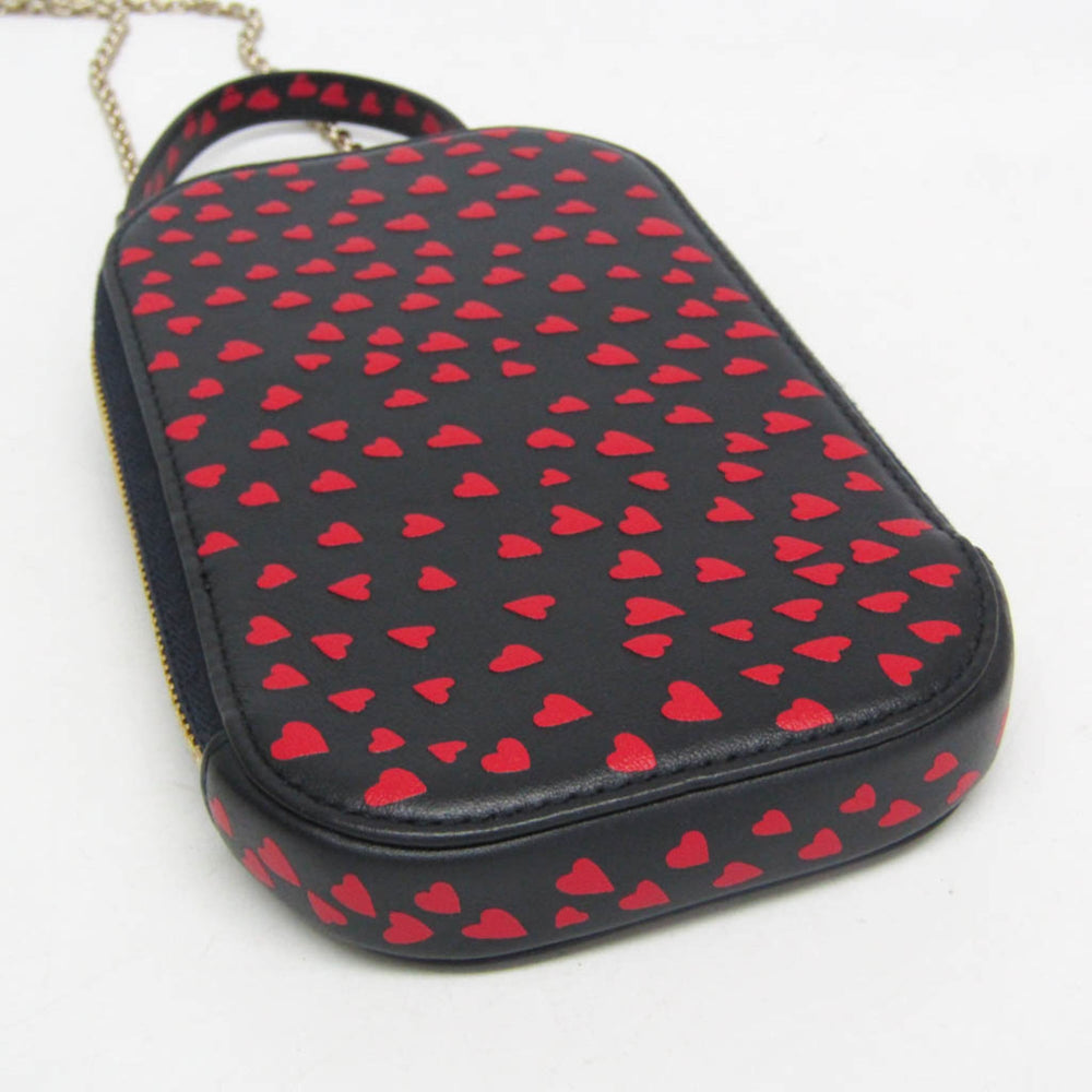 Christian Dior Lady Dior Phone Holder Women's Leather Pouch,Shoulder Bag Dark Navy,Red Color — Like New