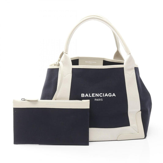 Balenciaga Navy Cabas Tote Bag, Size S, Canvas and Leather, Women's, White, 339933