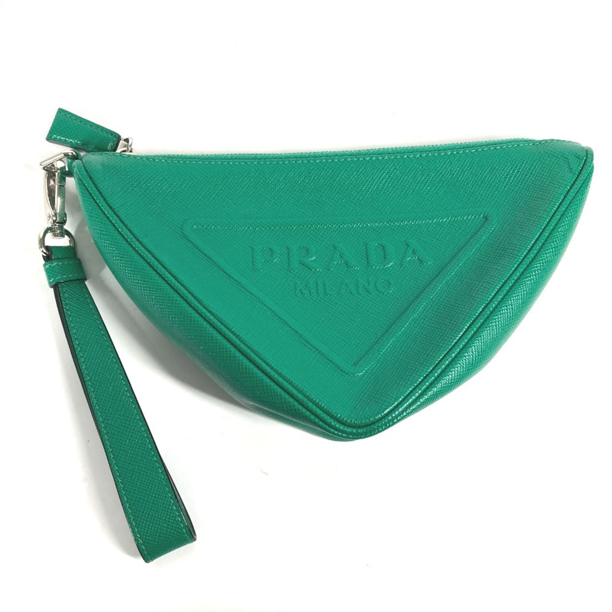PRADA 2NE054 Embossed Triangle Plate Pouch Clutch Bag with Strap Saffiano Leather Men's Green — Like New