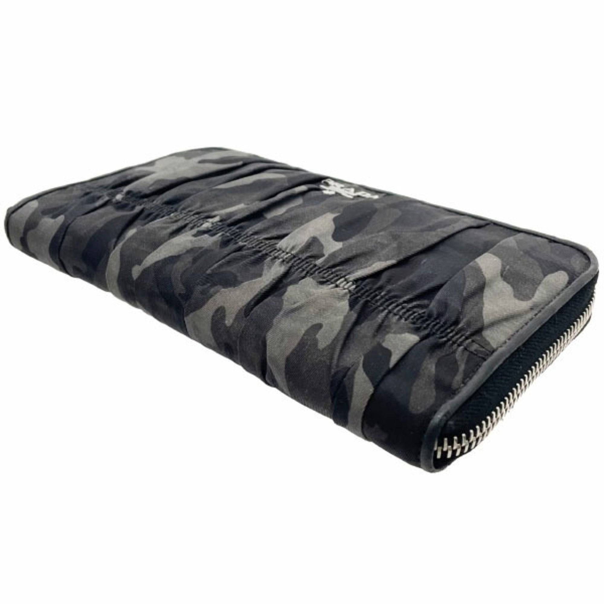 Prada Camouflage Round Long Wallet, Nylon and Leather, Gray Black, 1M0506, PRADA Pattern, Shirring, Gathered Pleats, YY-15718