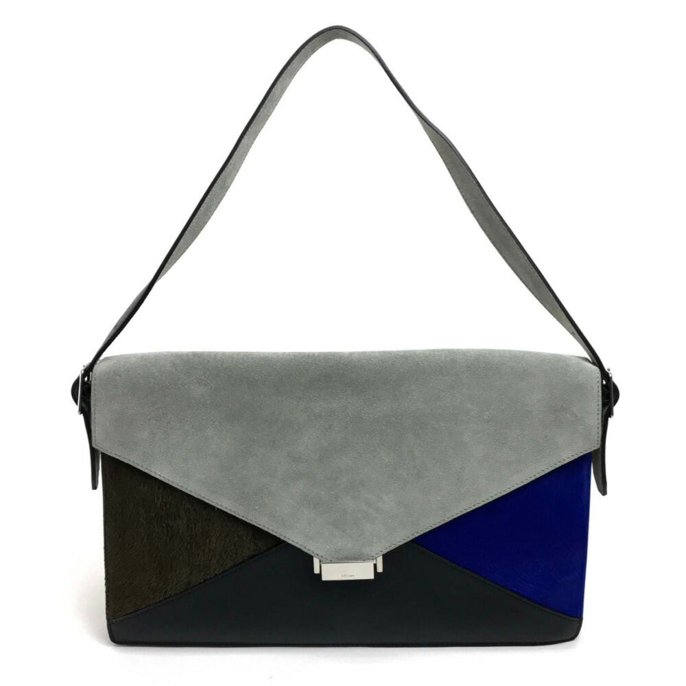 CELINE Celine Bag Metal fittings Diamond clutch Shoulder bag Clutch Suede Leather Pony Women's Gray x Black — Like New