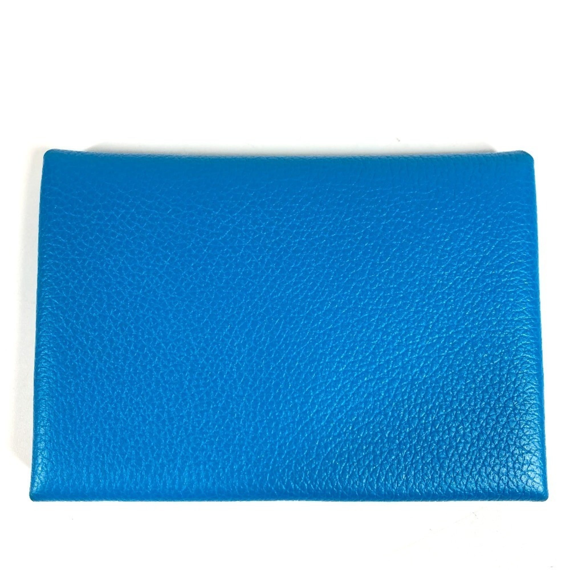HERMES Calvi Duo Business Card Case, Coin Purse, Bifold Wallet, Leather, Men's and Women's, Blue