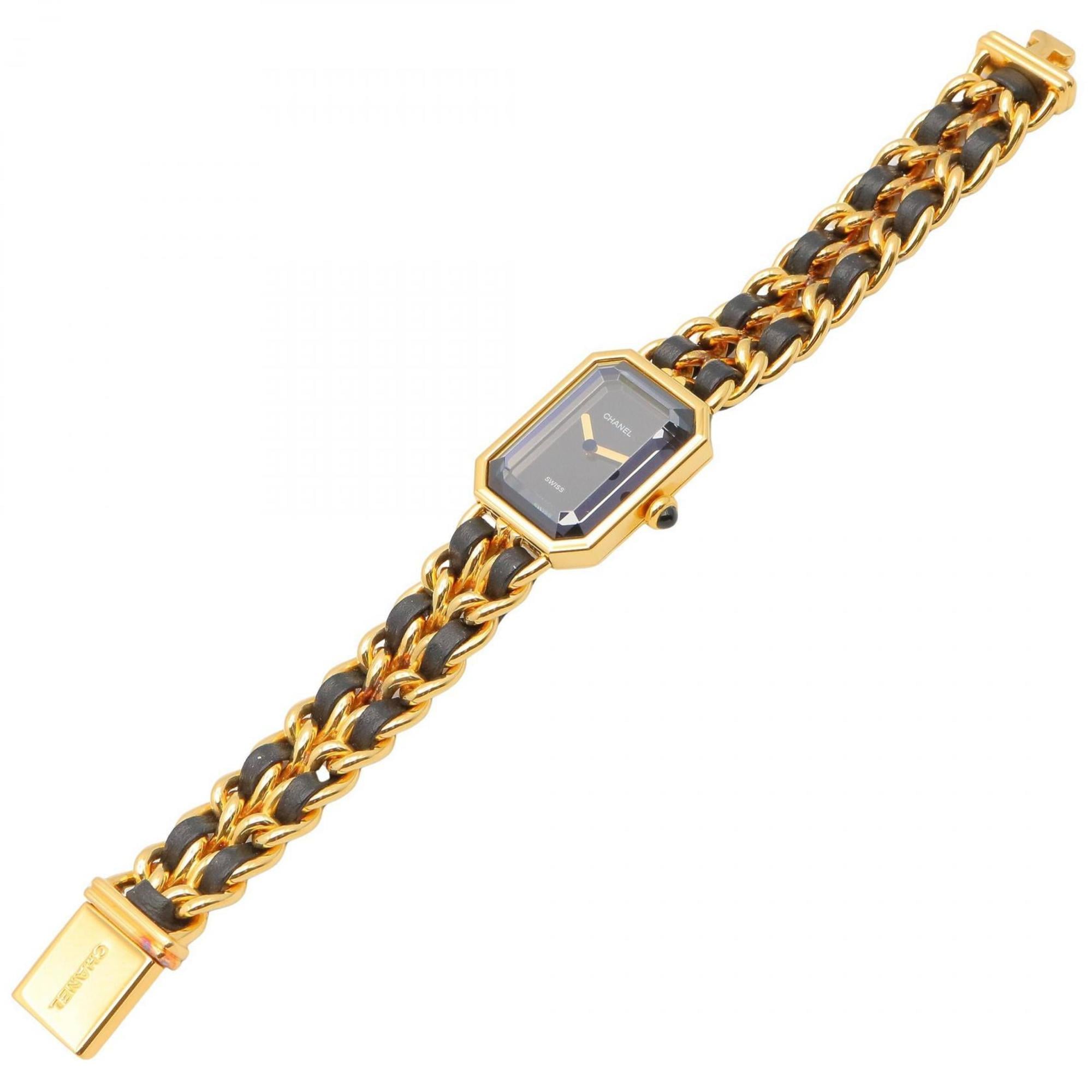 CHANEL Premiere M Watch, Gold-Plated, with Leather Strap, Black, Women's, H0001 — Very Good
