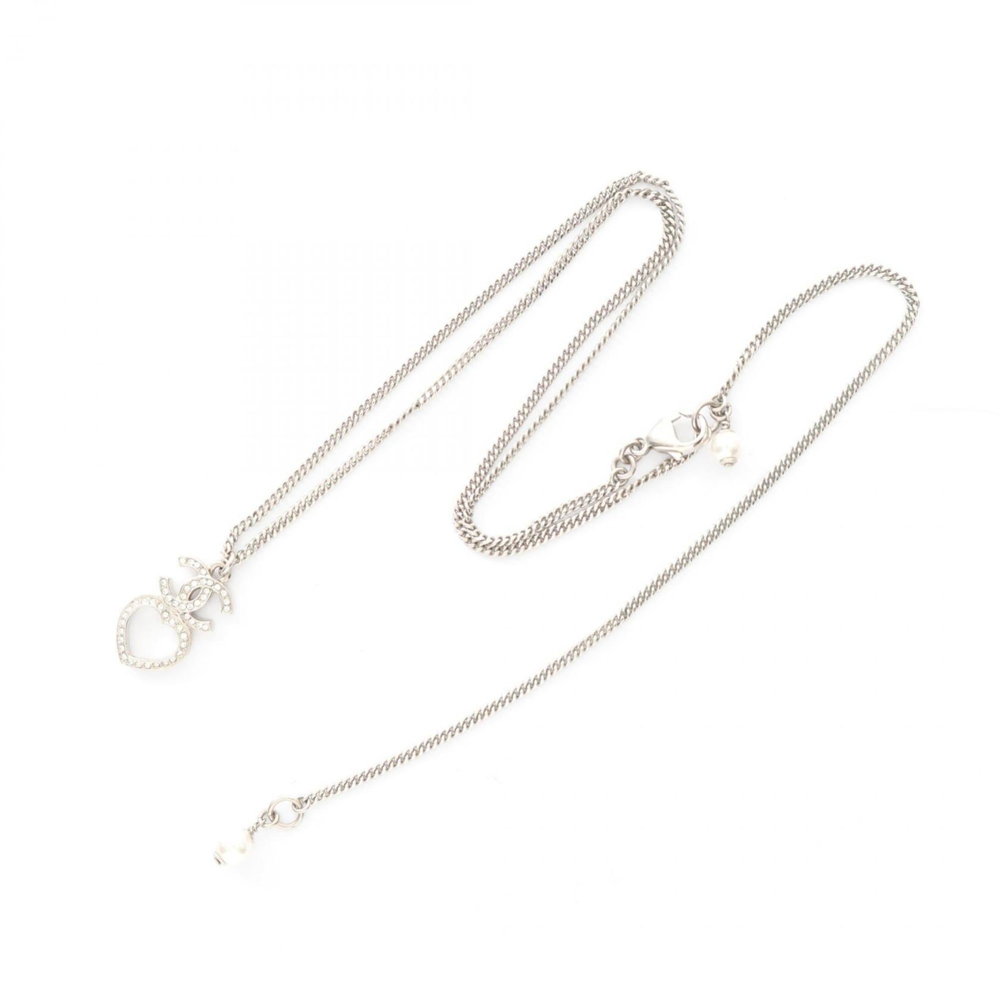 Chanel Coco Mark Heart Necklace, Stainless Steel with Faux Pearls and Rhinestones, Women's, Silver, White, Clear
