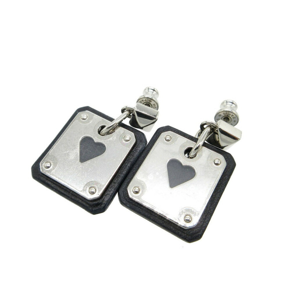 Unused Hermes As de Coeur Heart Earrings Leather/Metal Black/Silver Z Stamp 0268HERMES — New - Store Return