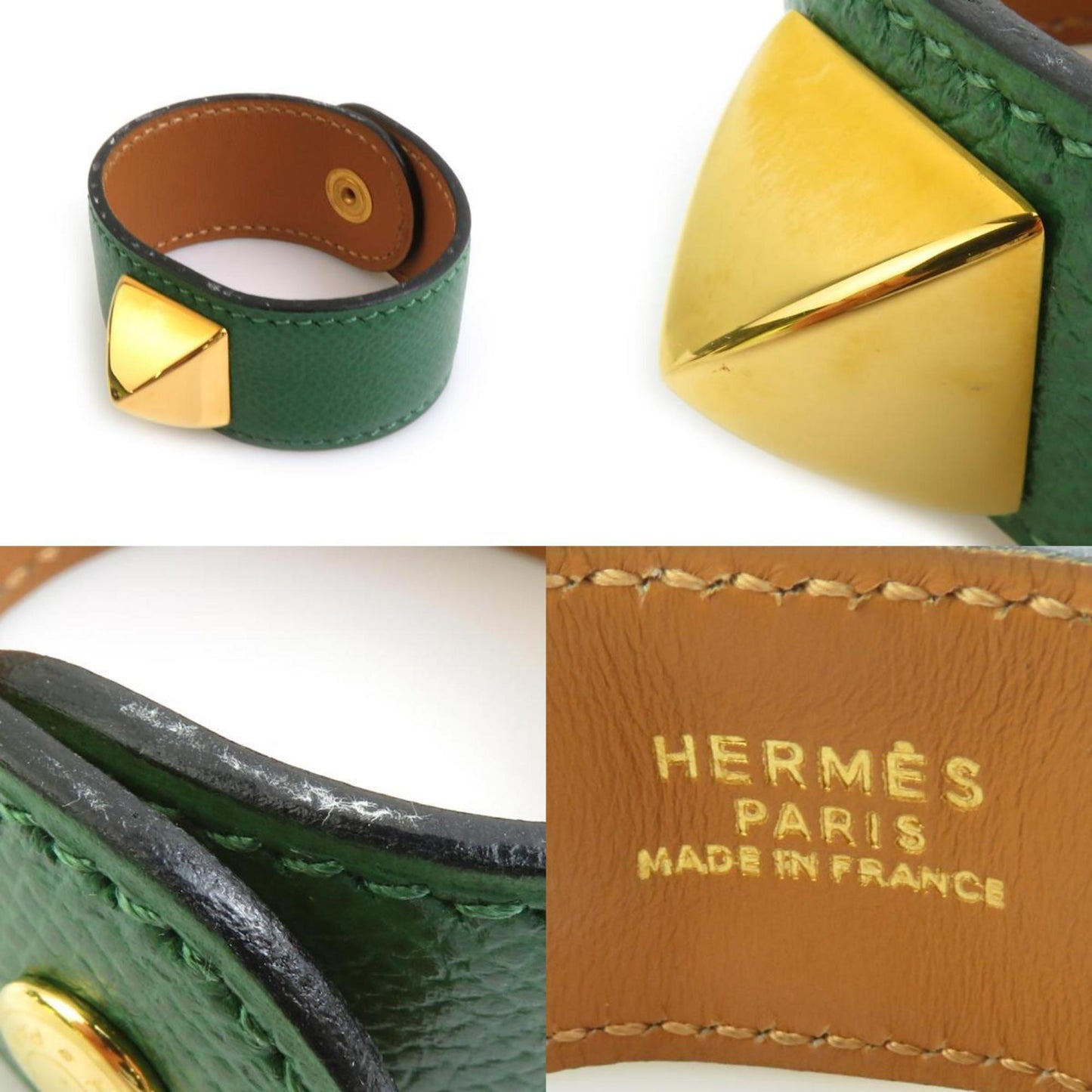 Hermes HERMES bracelet Medor leather metal green gold ladies e60427a