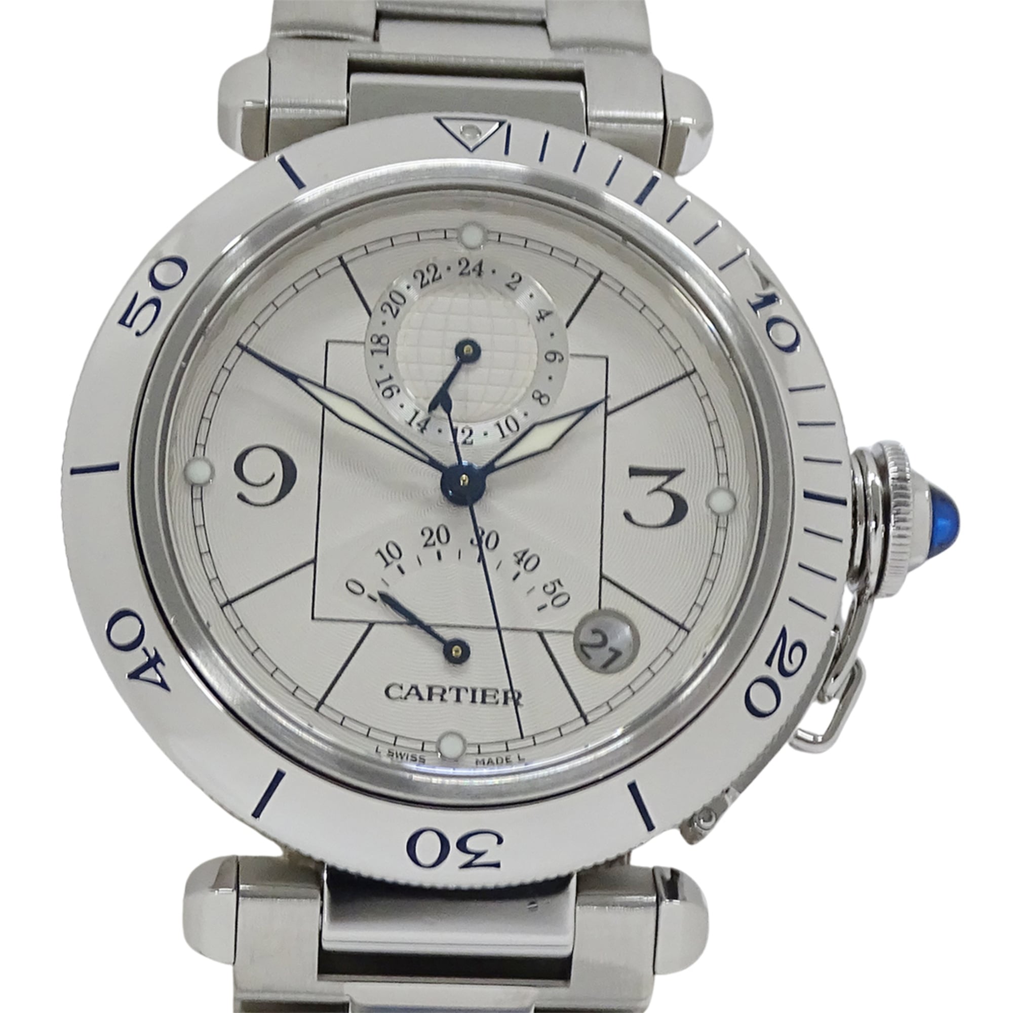 Cartier Pasha Men's Watch, Power Reserve, GMT, Date, Automatic, Stainless Steel (SS), W31037H3, Silver, Round — Good