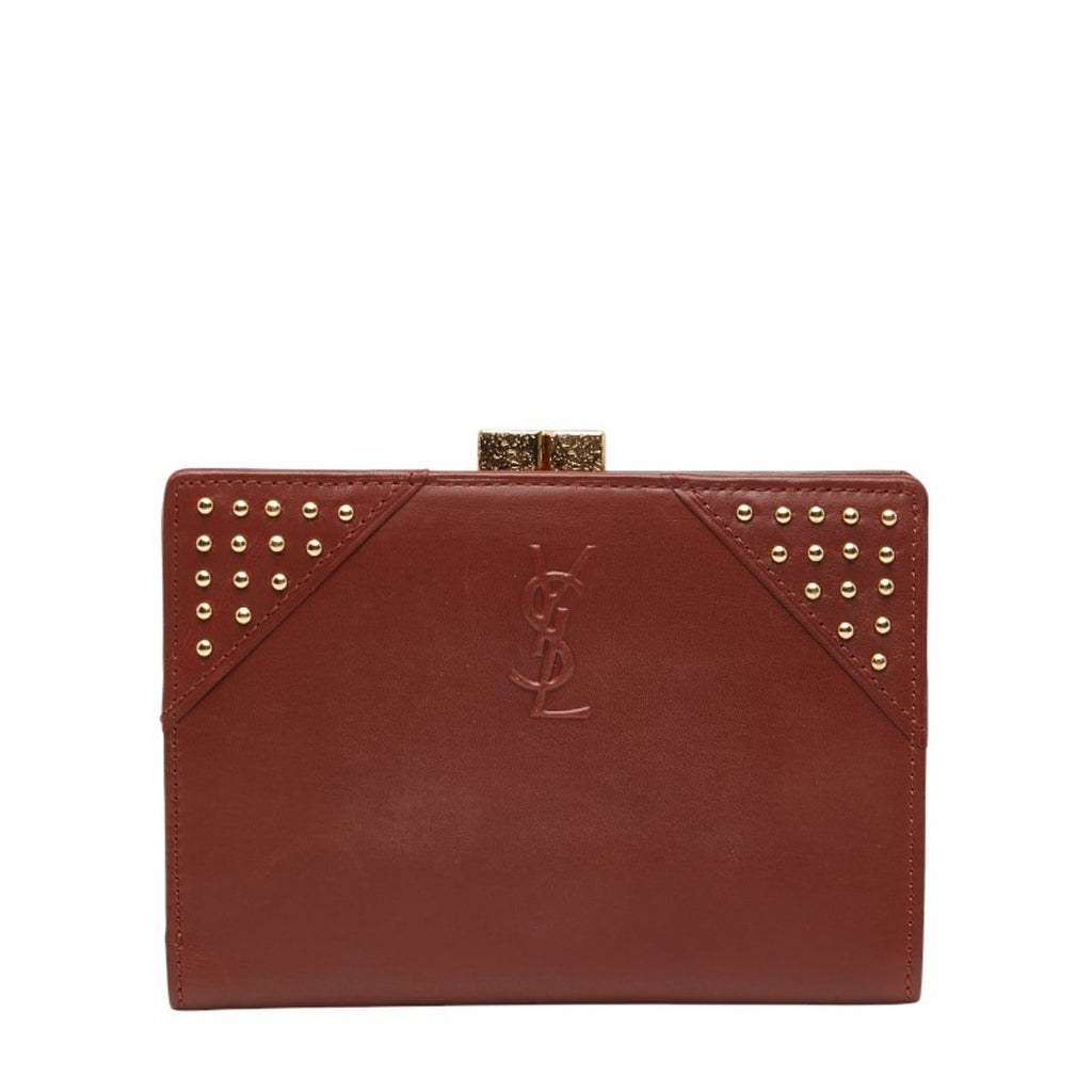 Saint Laurent YSL logo studded bifold wallet in brown leather for women.