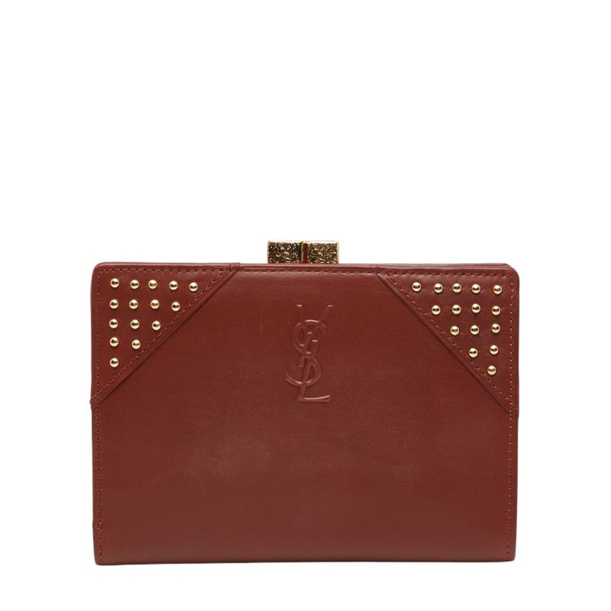 Saint Laurent YSL logo studded bifold wallet in brown leather for women.
