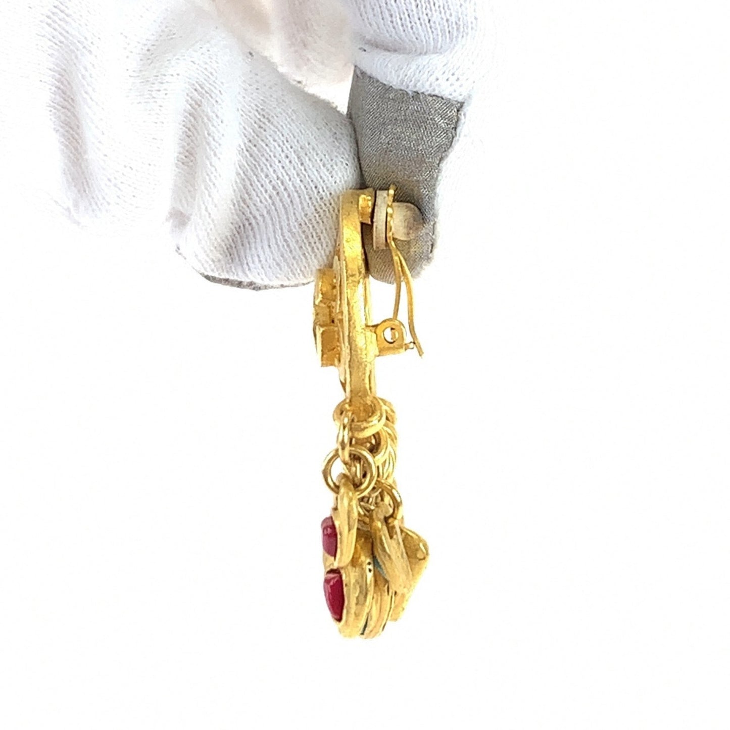 CHANEL Vintage Coco Mark Stone Gold, Red, and Blue Plated Swing Earrings for Women