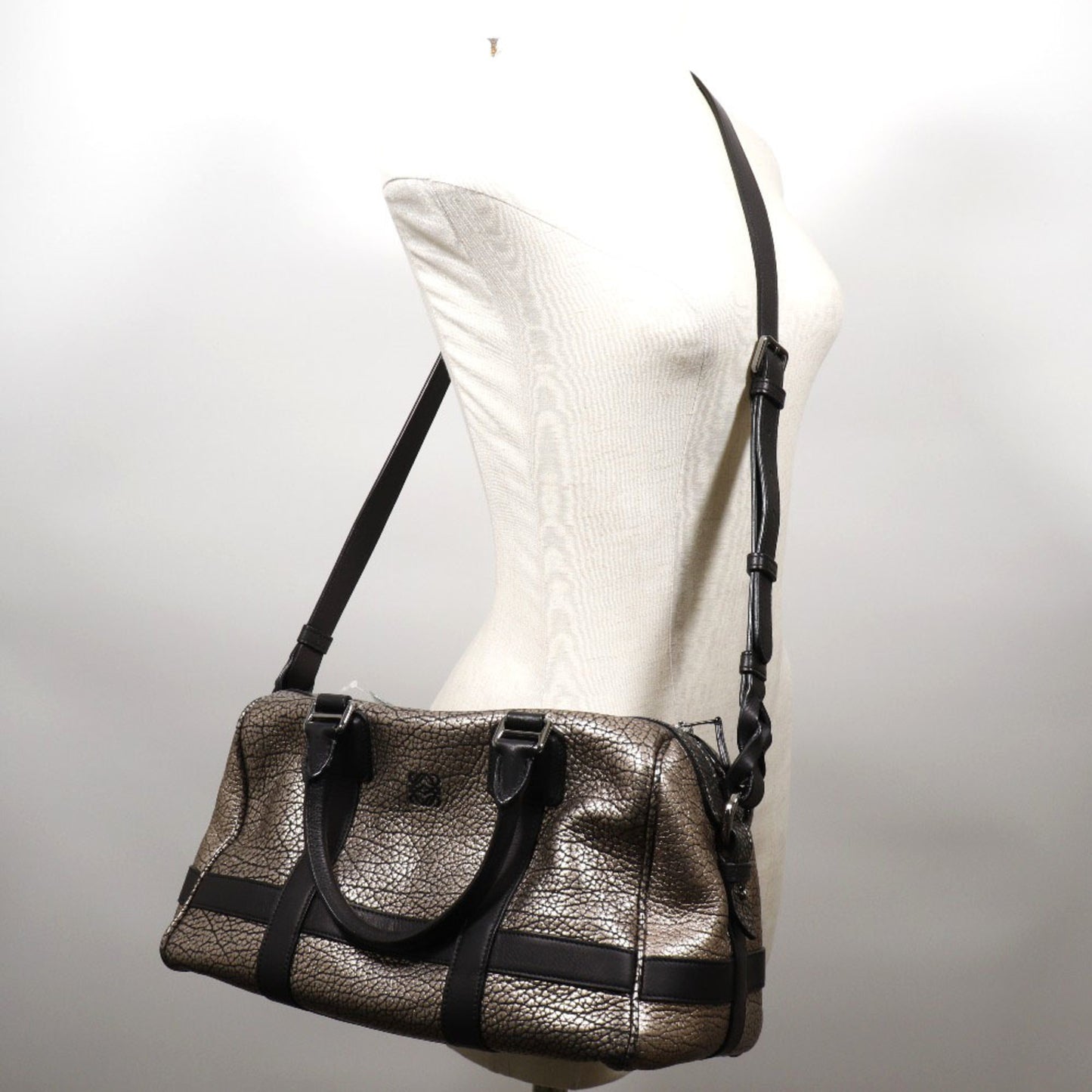 Loewe 2WAY Shoulder Handbag Mini Boston Calf Black/Silver Ladies