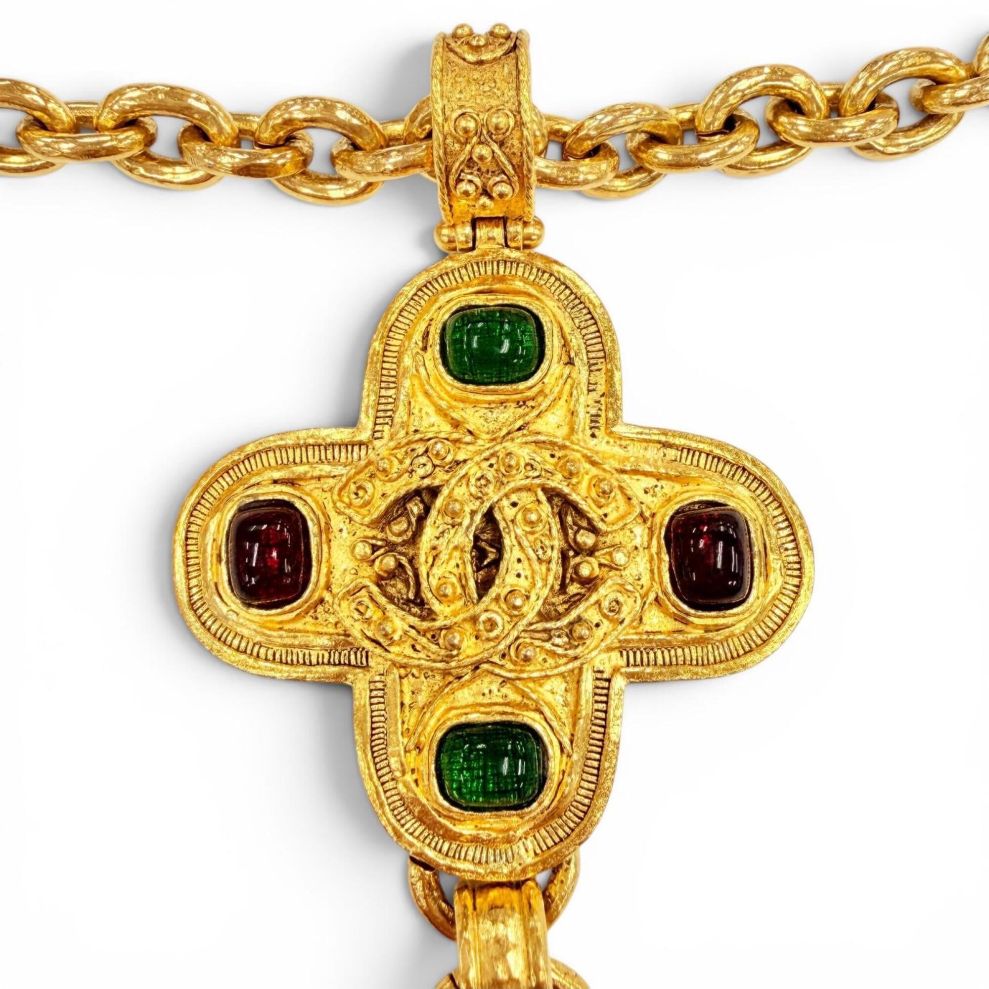 CHANEL Vintage 94A Coco Mark Gripoix Cross Fringe Long Necklace, Rare Gold, Made in France, Women's — Like New