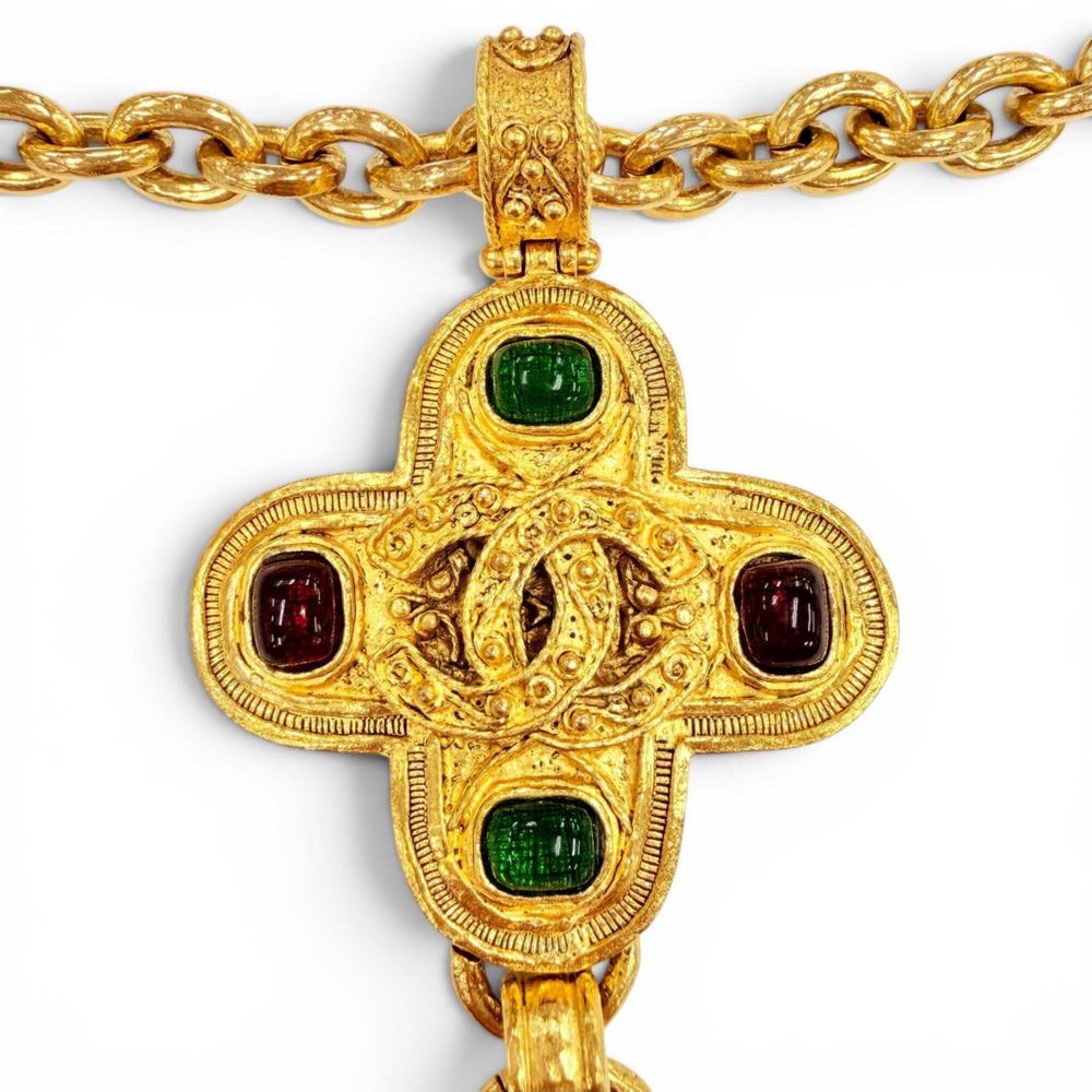CHANEL Vintage 94A Coco Mark Gripoix Cross Fringe Long Necklace, Rare Gold, Made in France, Women's — Like New