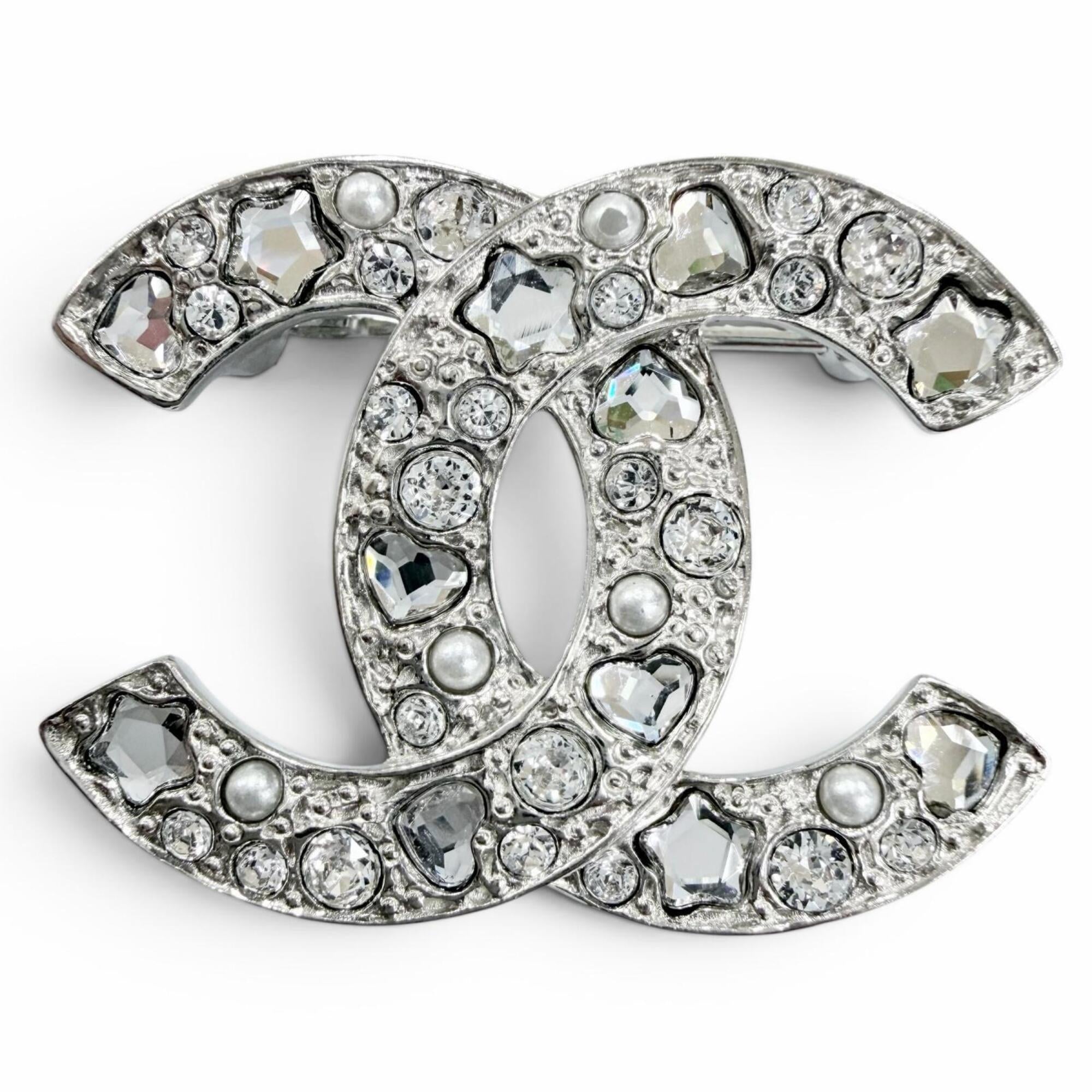 CHANEL B25P Coco Mark Star, Heart, Faux Pearl, Rhinestone Brooch, Silver, Made in Italy, Women's, with Box and Dust Bag — Like New