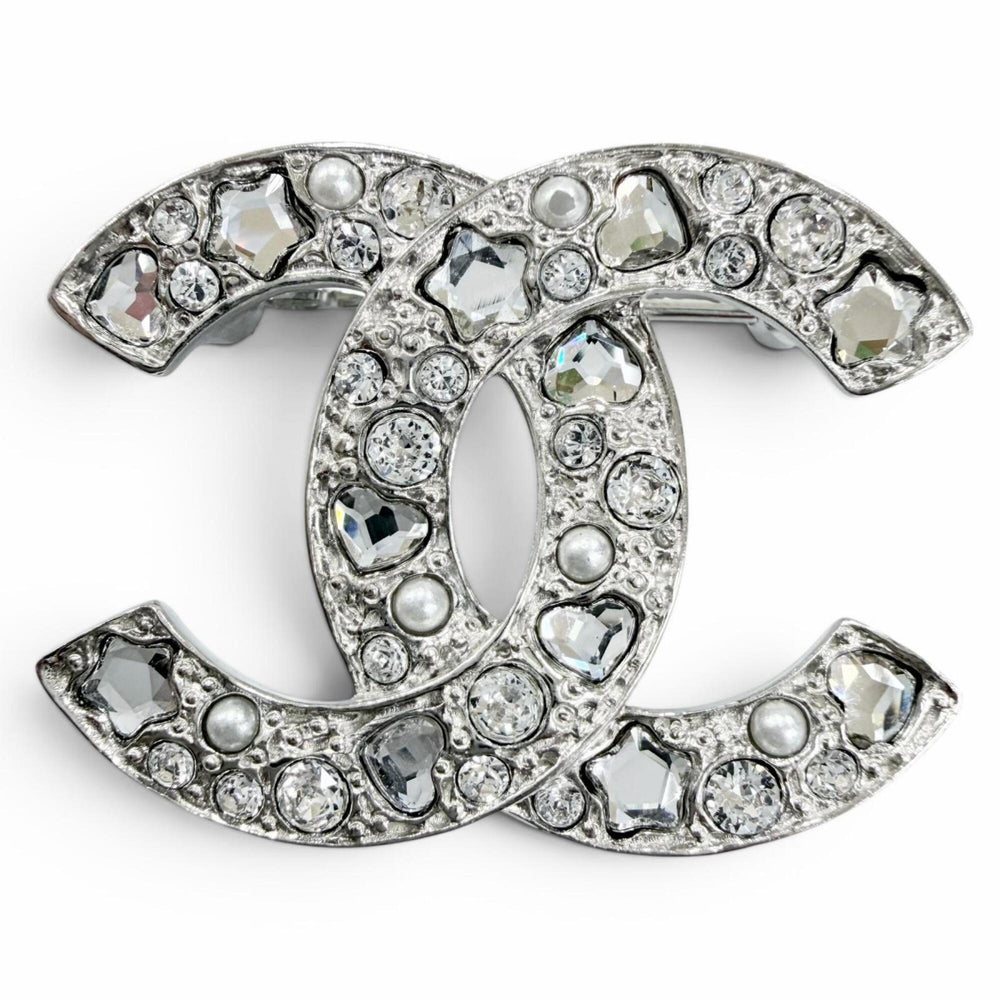 CHANEL B25P Coco Mark Star, Heart, Faux Pearl, Rhinestone Brooch, Silver, Made in Italy, Women's, with Box and Dust Bag — Like New