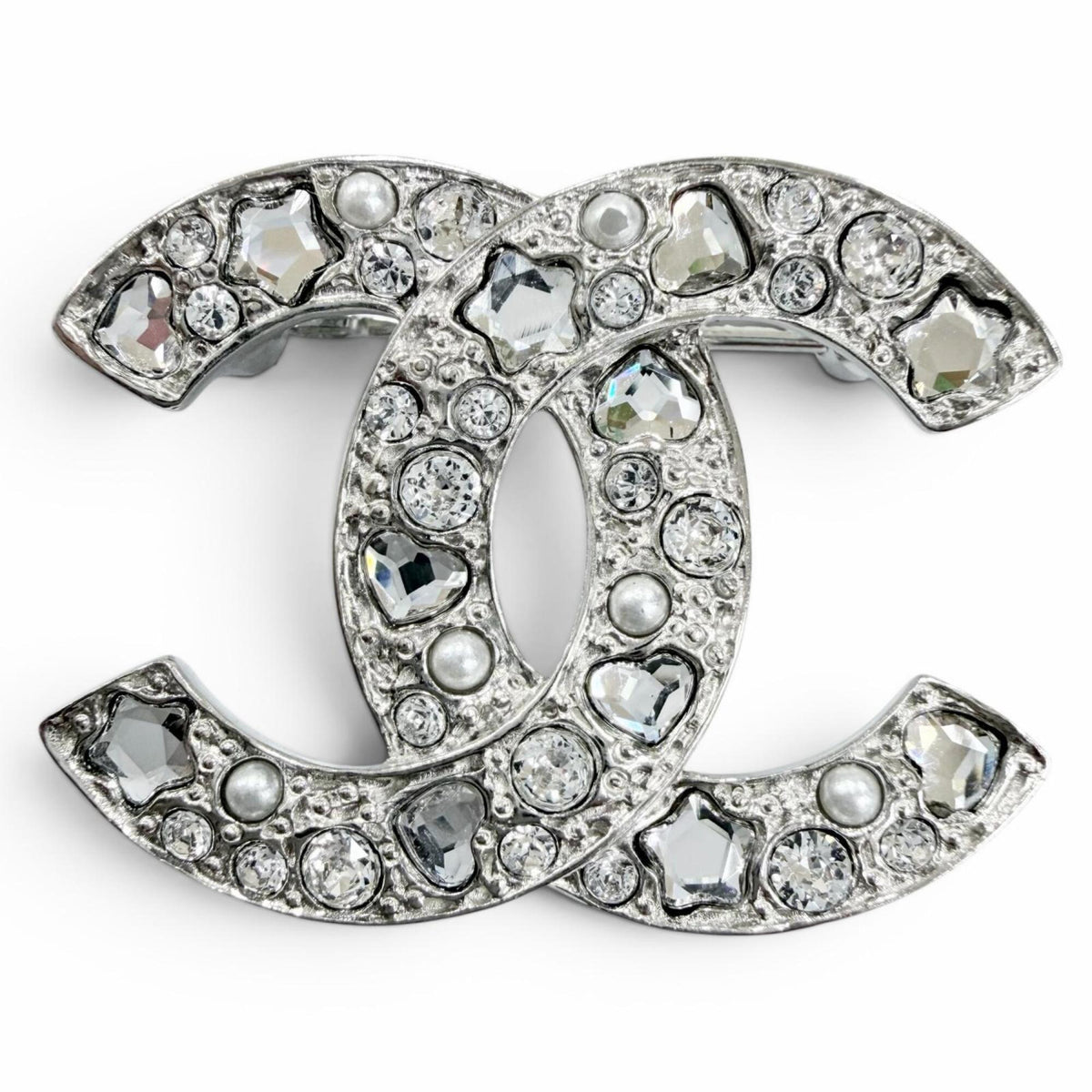 CHANEL B25P Coco Mark Star, Heart, Faux Pearl, Rhinestone Brooch, Silver, Made in Italy, Women's, with Box and Dust Bag — Like New