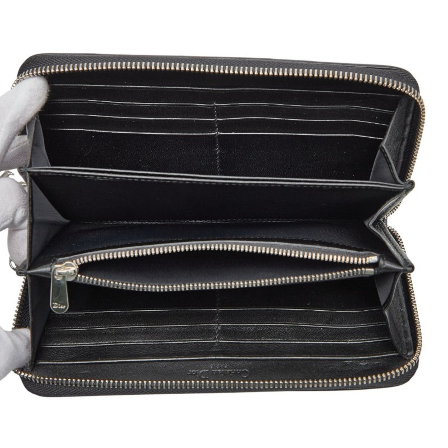 Christian Dior Dior Lady Cannage Round Zip Long Wallet Black Leather Women's