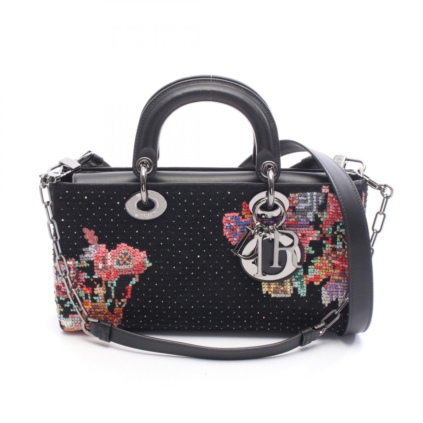 Christian Dior Dior Lady D-Joy Medium Handbag, Leather and Felt, Women's, Black, Multicolor