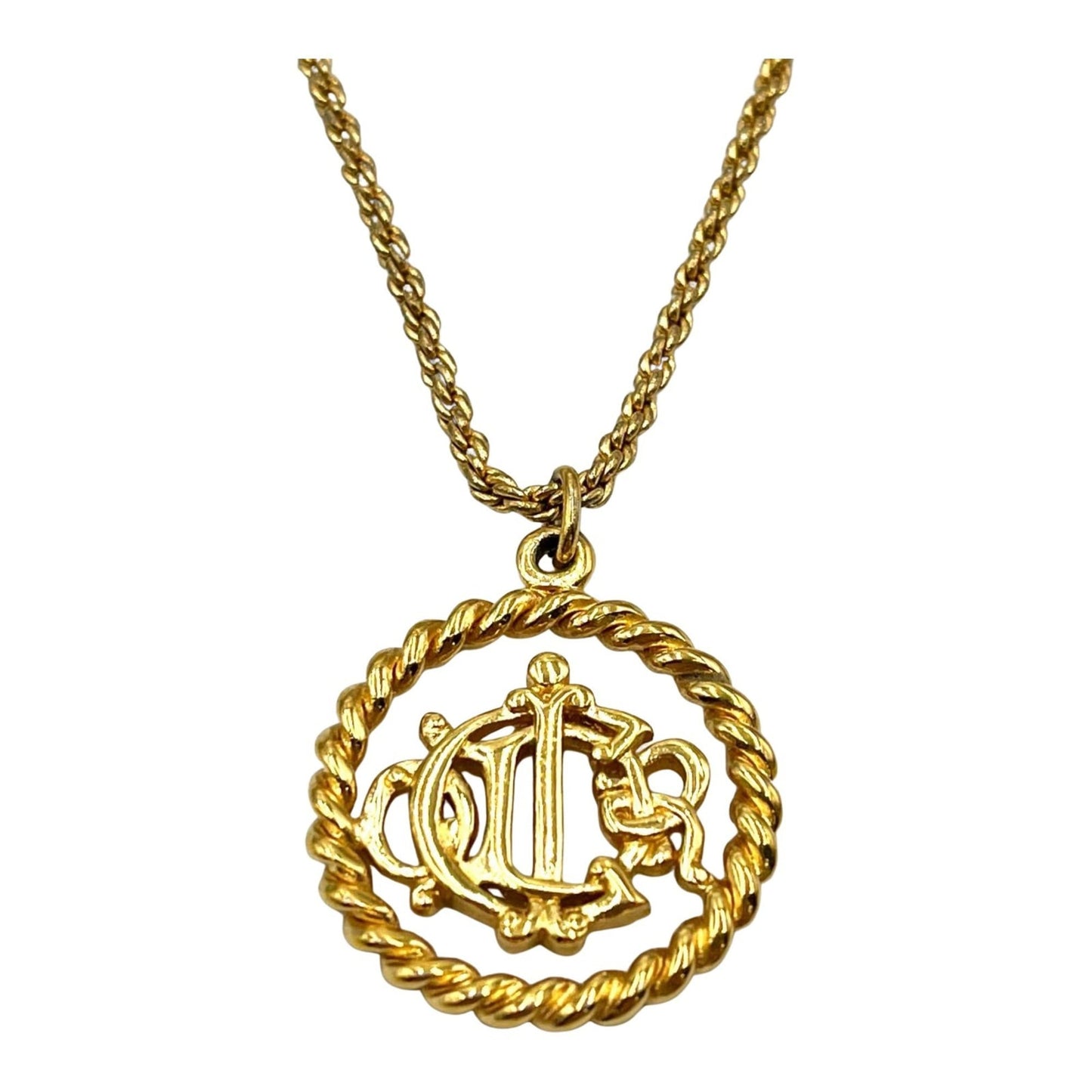 Christian Dior necklace logo round antique metal women's