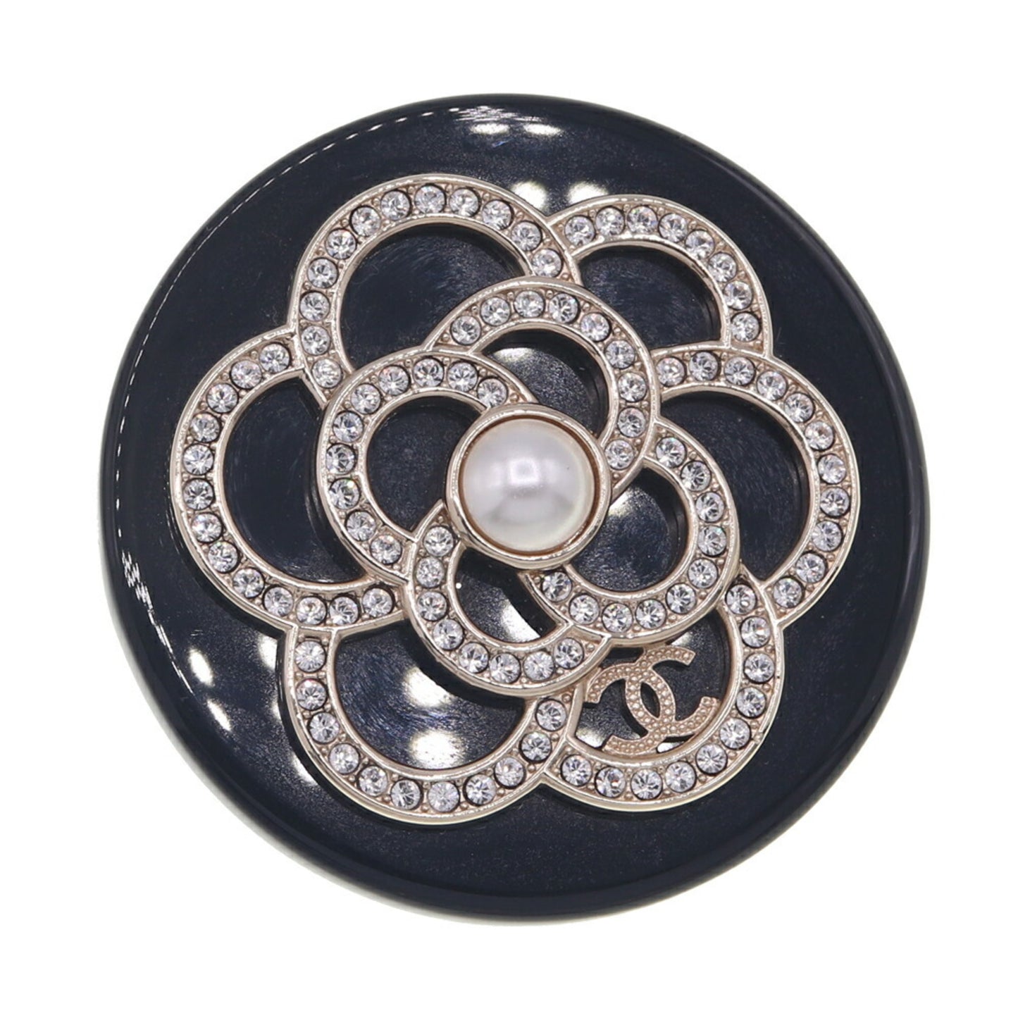 CHANEL Camellia Coco Mark Round Brooch, Black Plastic, Rhinestones, Faux Pearls, B18, 2018 Model, Women's Pin