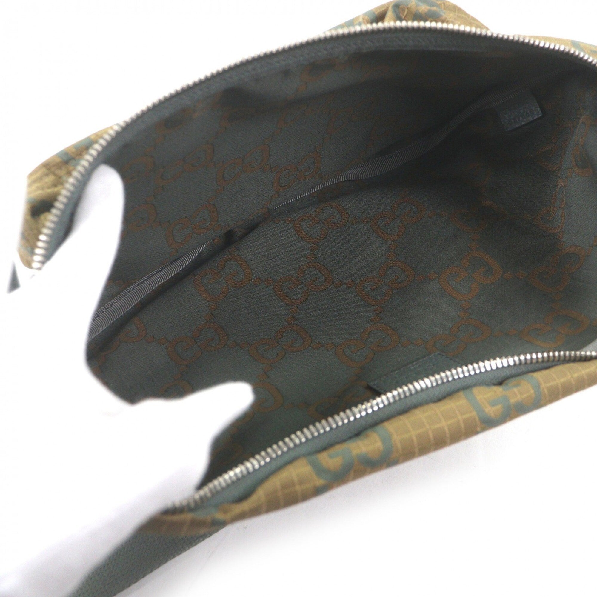 GUCCI 792287 Ripstop Nylon GG Logo Pattern Belt Bag/Body Bag/Waist Pouch with Patch, Khaki, Made in Italy, Men's — Like New