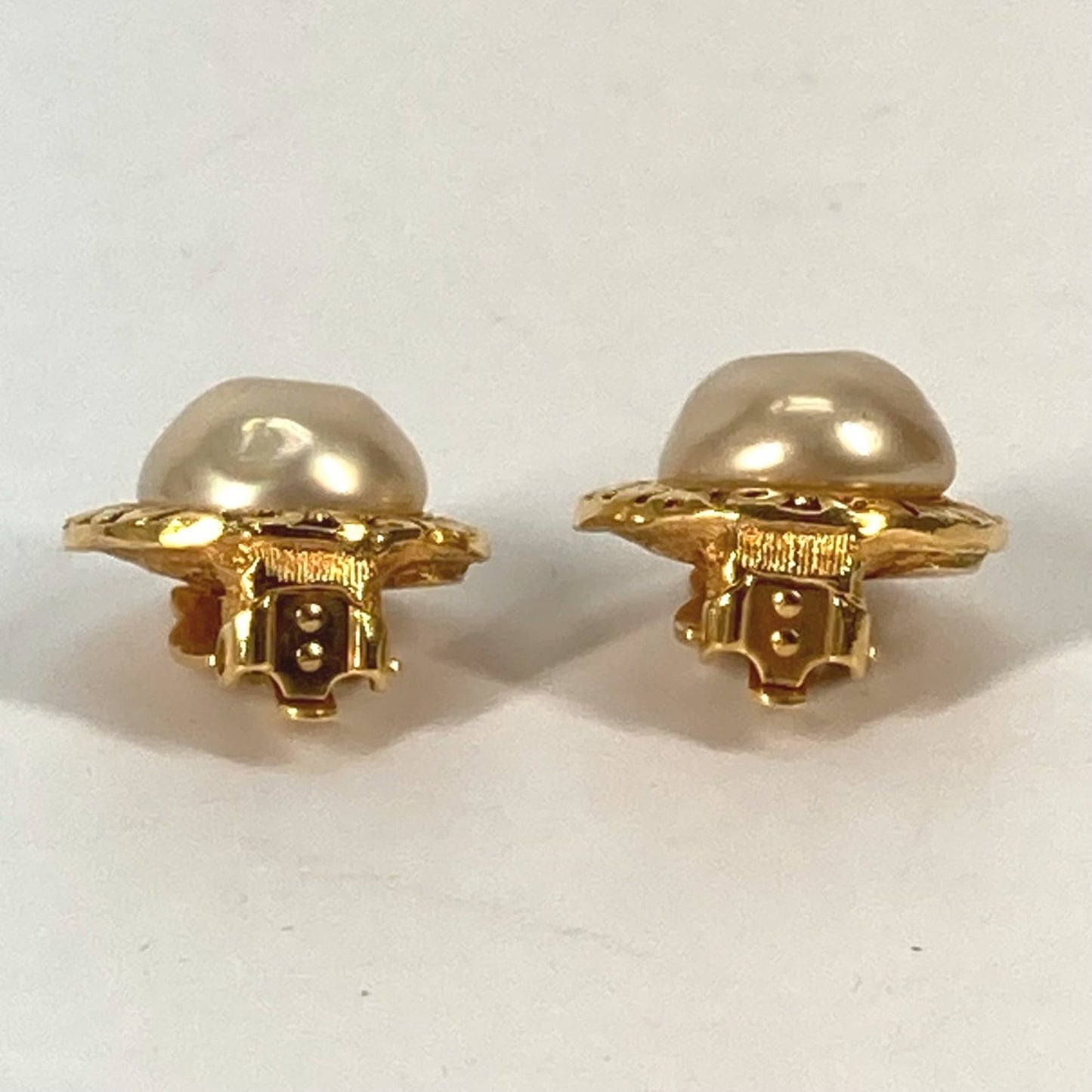 CHANEL Vintage Round Logo Faux Pearl Earrings, Metal, Women's, Gold