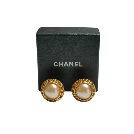 CHANEL Vintage Faux Pearl Circle Clip Earrings, Gold, with Box, Women's