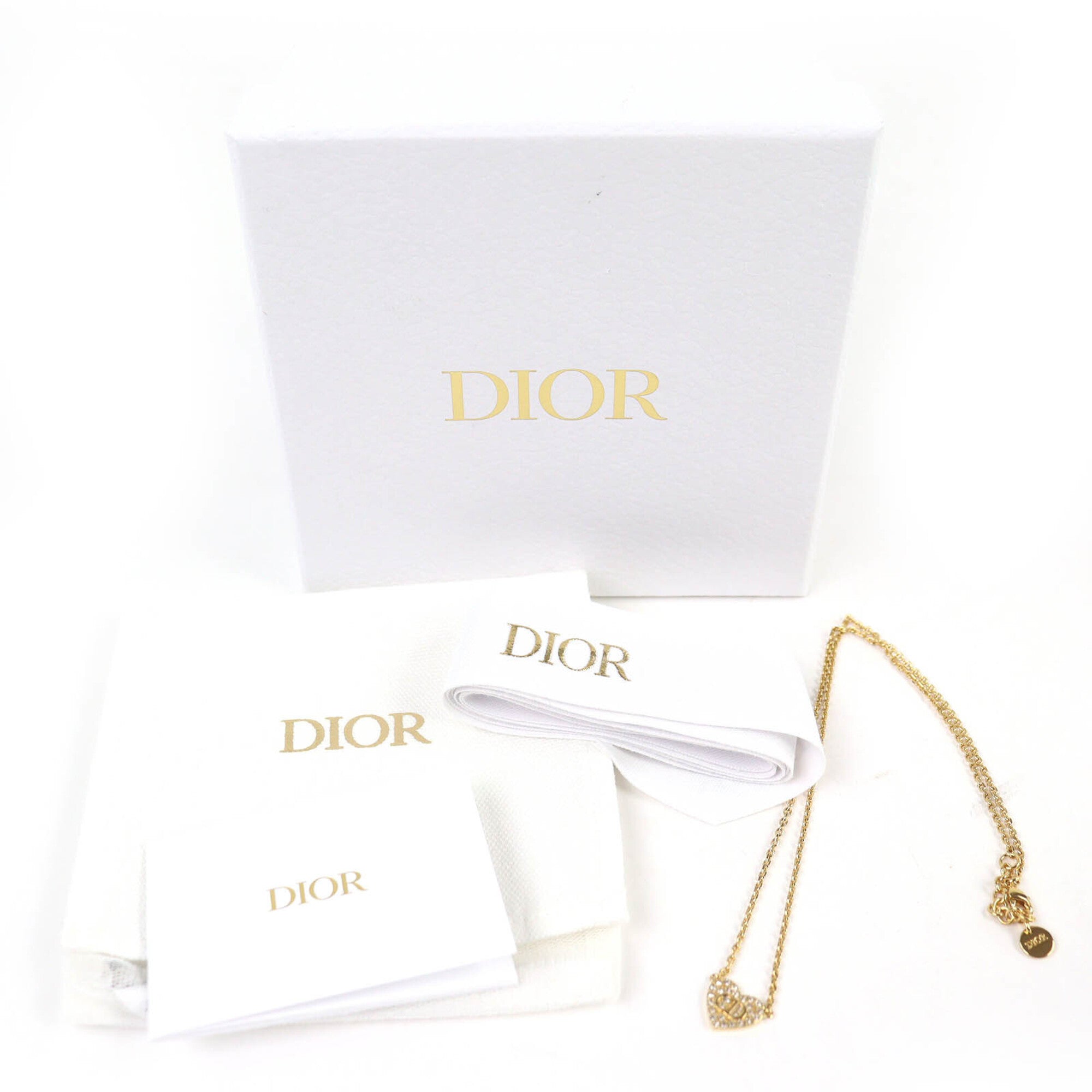 Christian Dior N3477WOMCY Clair D Lune Rhinestone CD Logo Heart Necklace 44cm Gold with Box and Dust Bag for Women — Like New
