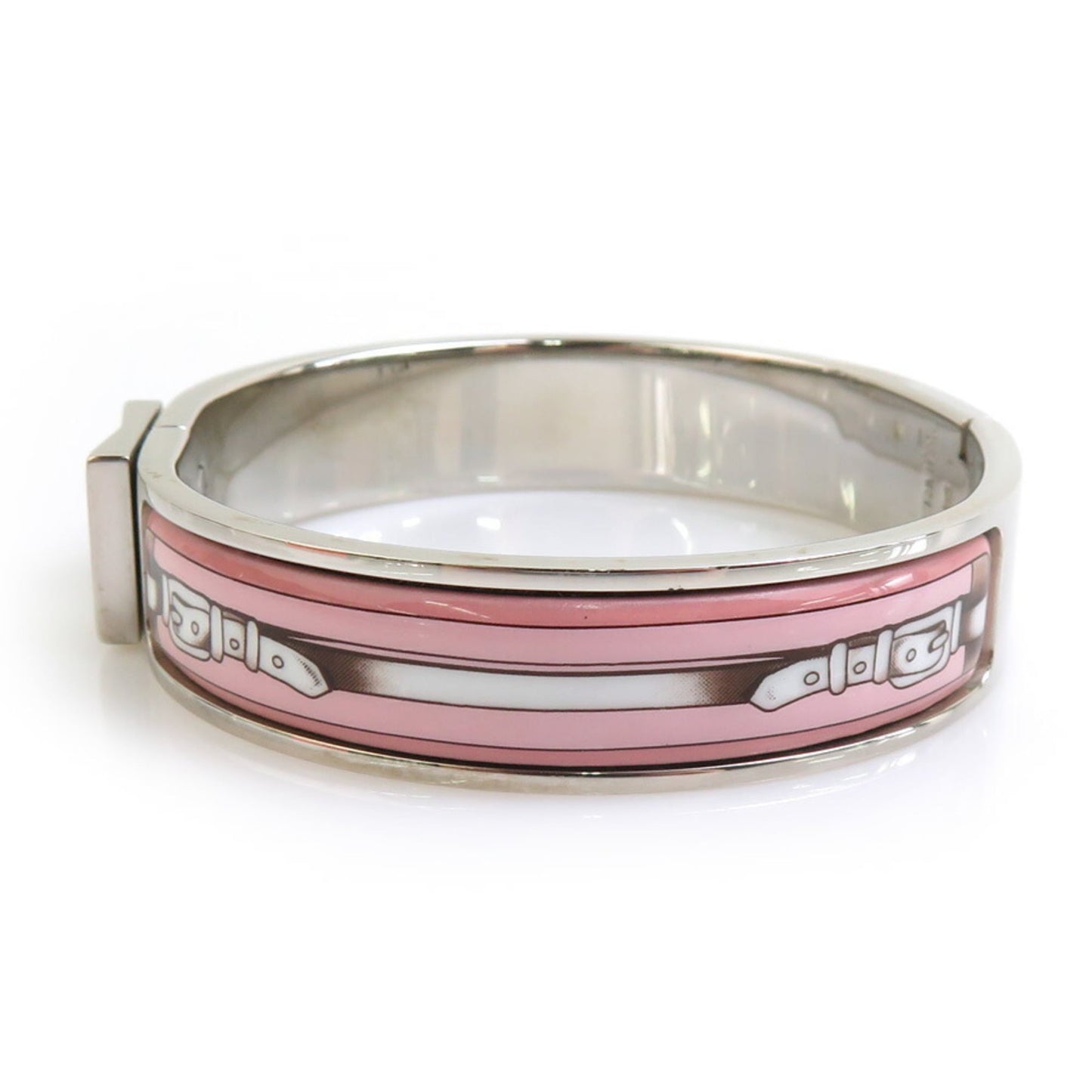 Hermes Hermès Click-Clack Metal Enamel Bangle Bracelet in Silver, Pink, and White for Women (e60864a)