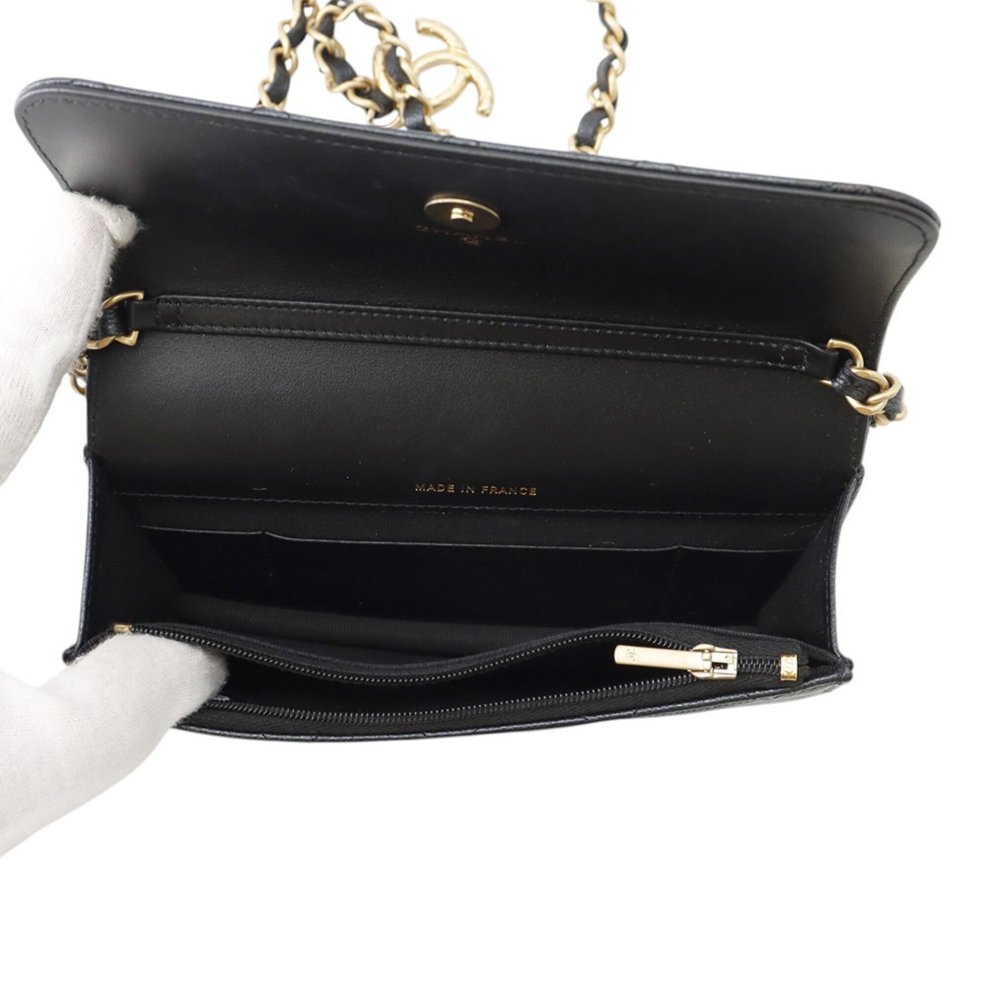 Chanel Chain Shoulder Bag Matelassé Coco Mark Phone Holder Caviar Skin AP3482 CHANEL Smartphone Case Handbag — Like New