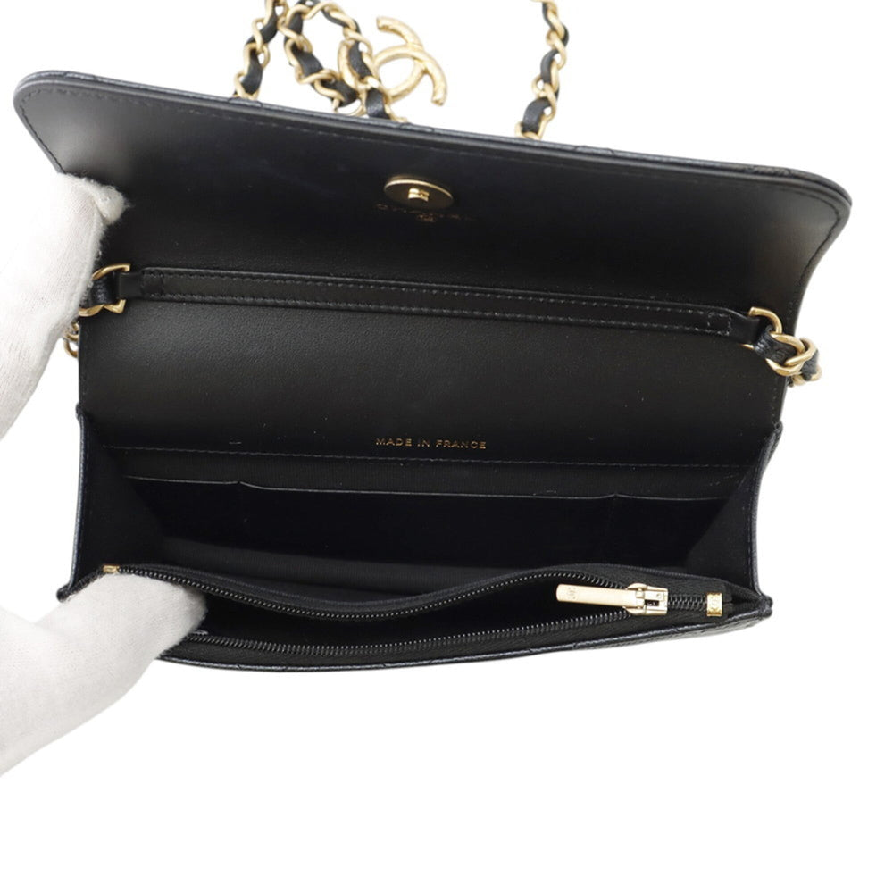 Chanel Chain Shoulder Bag Matelassé Coco Mark Phone Holder Caviar Skin AP3482 CHANEL Smartphone Case Handbag — Like New