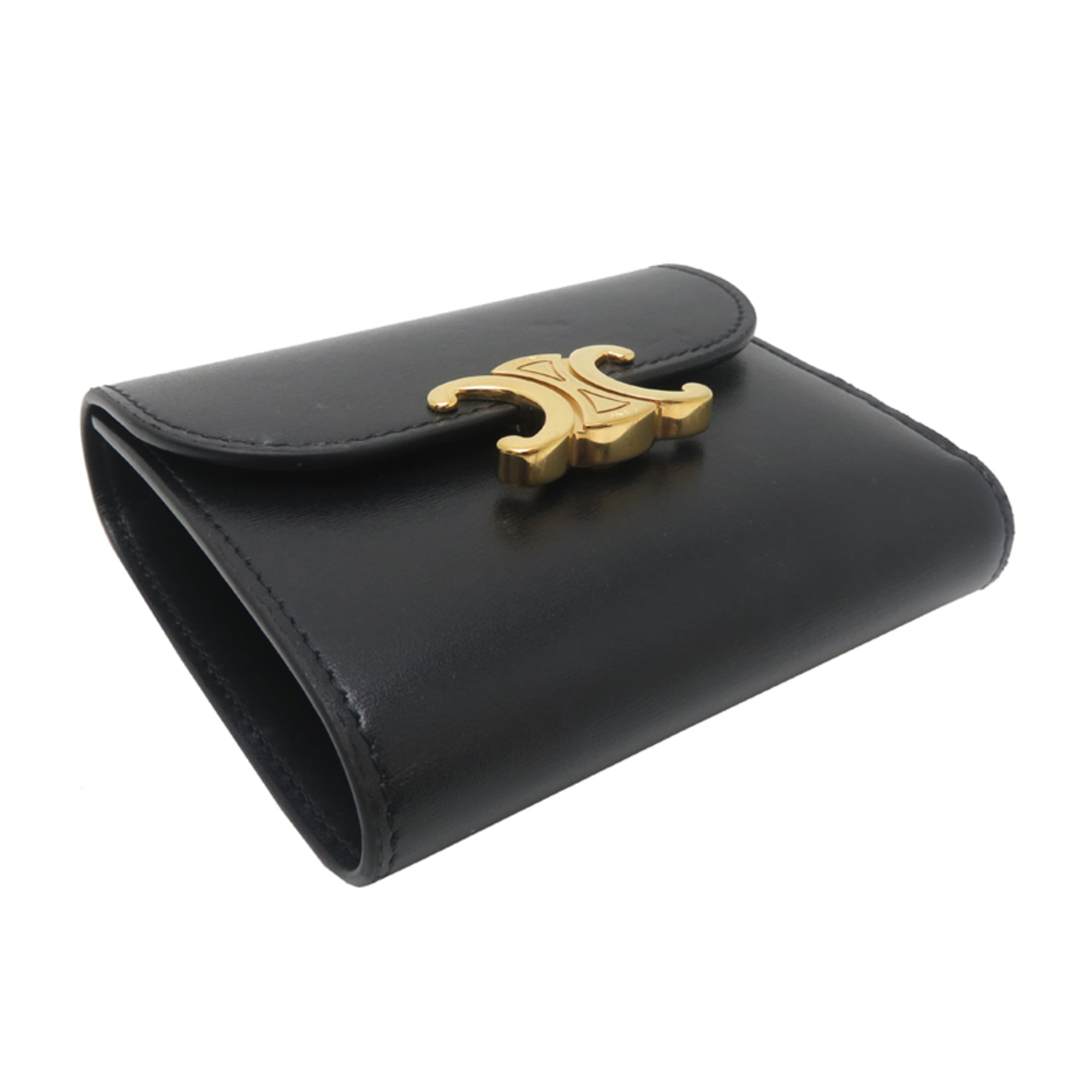 Celine Triomphe Small Flap Wallet, Women's, Tri-fold 10D783DPV 38NC, Shiny Calfskin, Black