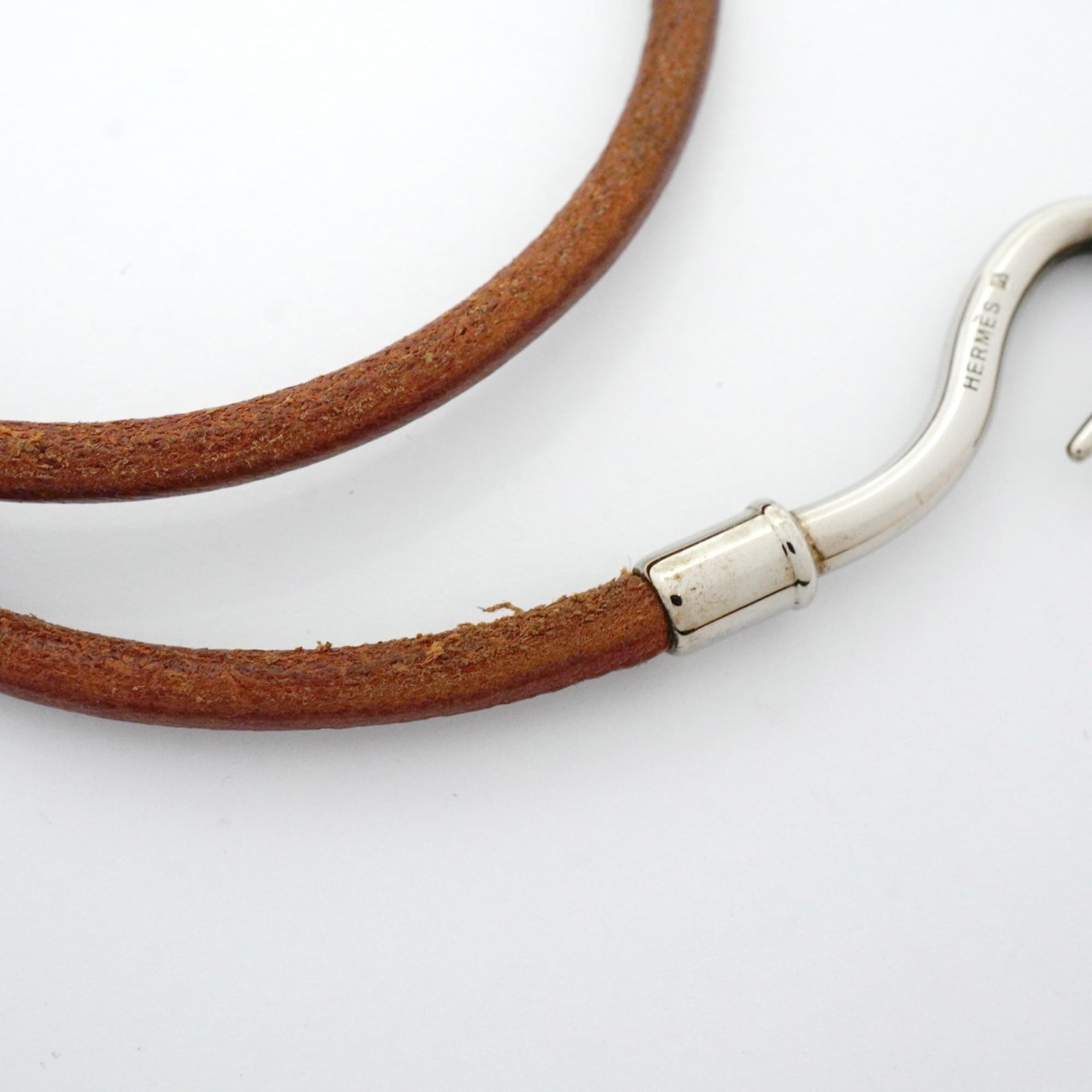 Hermes Jumbo Hook Bracelet, Metal, Leather, Silver, Brown, Women's