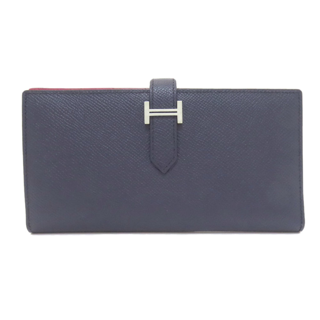 Hermes Hermès Bearn soufflet long wallet in blue indigo and rose purple with silver hardware, Epson, for women.