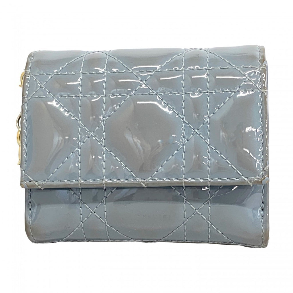 Christian Dior Tri-fold Wallet Cannage Enamel Blue Gray Women's