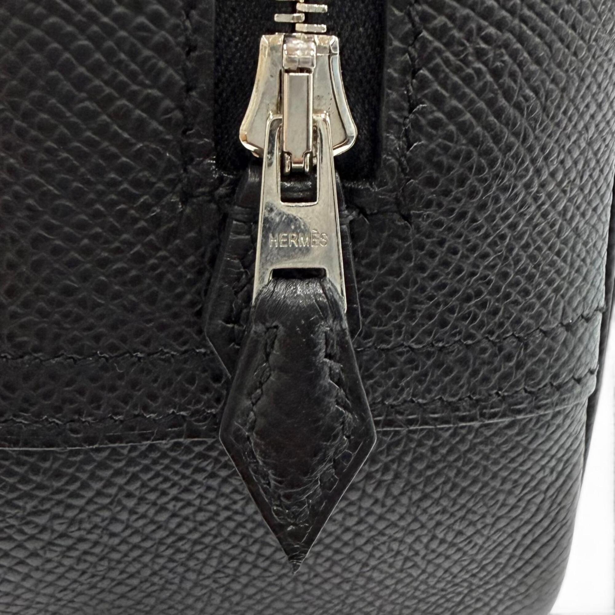 HERMES Plume Mini 20 Black Veau Epsom Leather Silver Hardware Logo Zip Handbag □M Stamp Made in France Women's — Like New