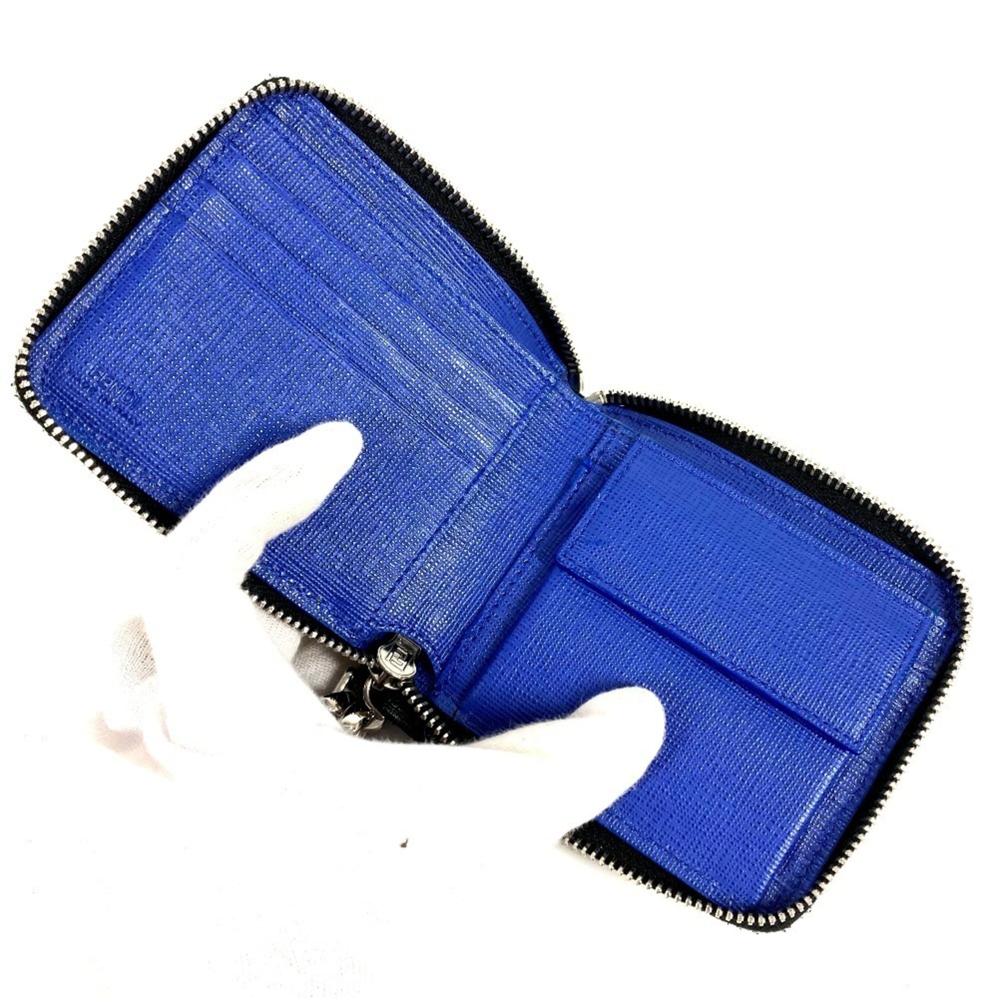 FENDI 7M0197 Karl Lagerfeld Round Zip Compact Wallet with Chain, Black Leather, Men's and Women's