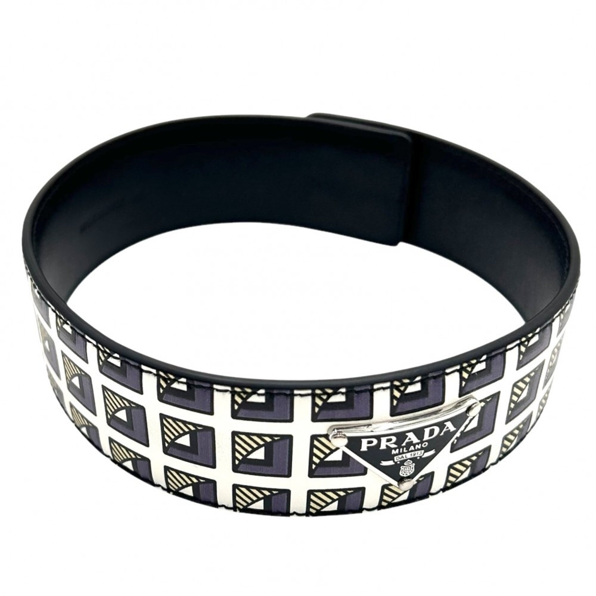 Prada choker for women, triangle logo accessory, PRADA leather, 2IC046, black, white, silver hardware — Like New