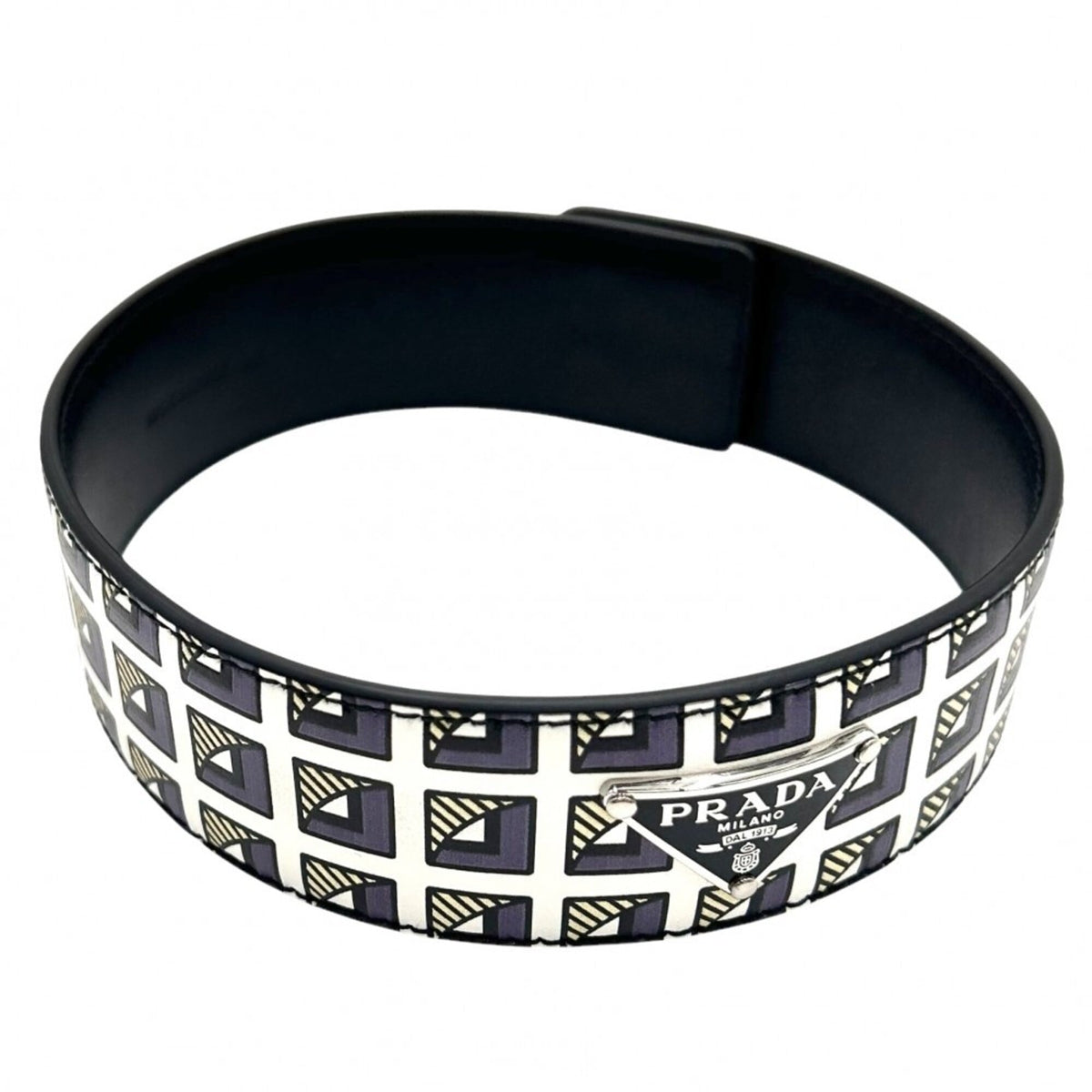 Prada choker for women, triangle logo accessory, PRADA leather, 2IC046, black, white, silver hardware — Like New