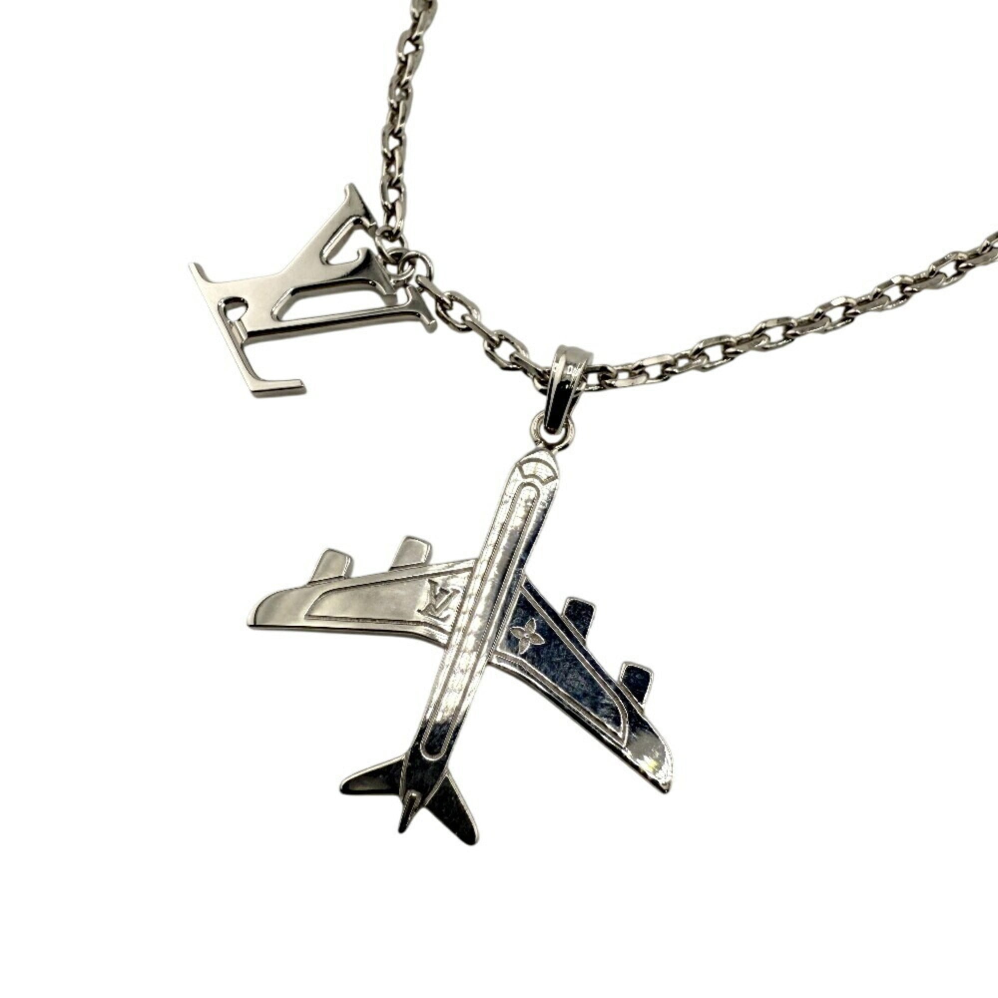 LOUIS VUITTON MP3157 LV Plane Pendant Necklace with Airplane Motif, Silver, Chain, Men's