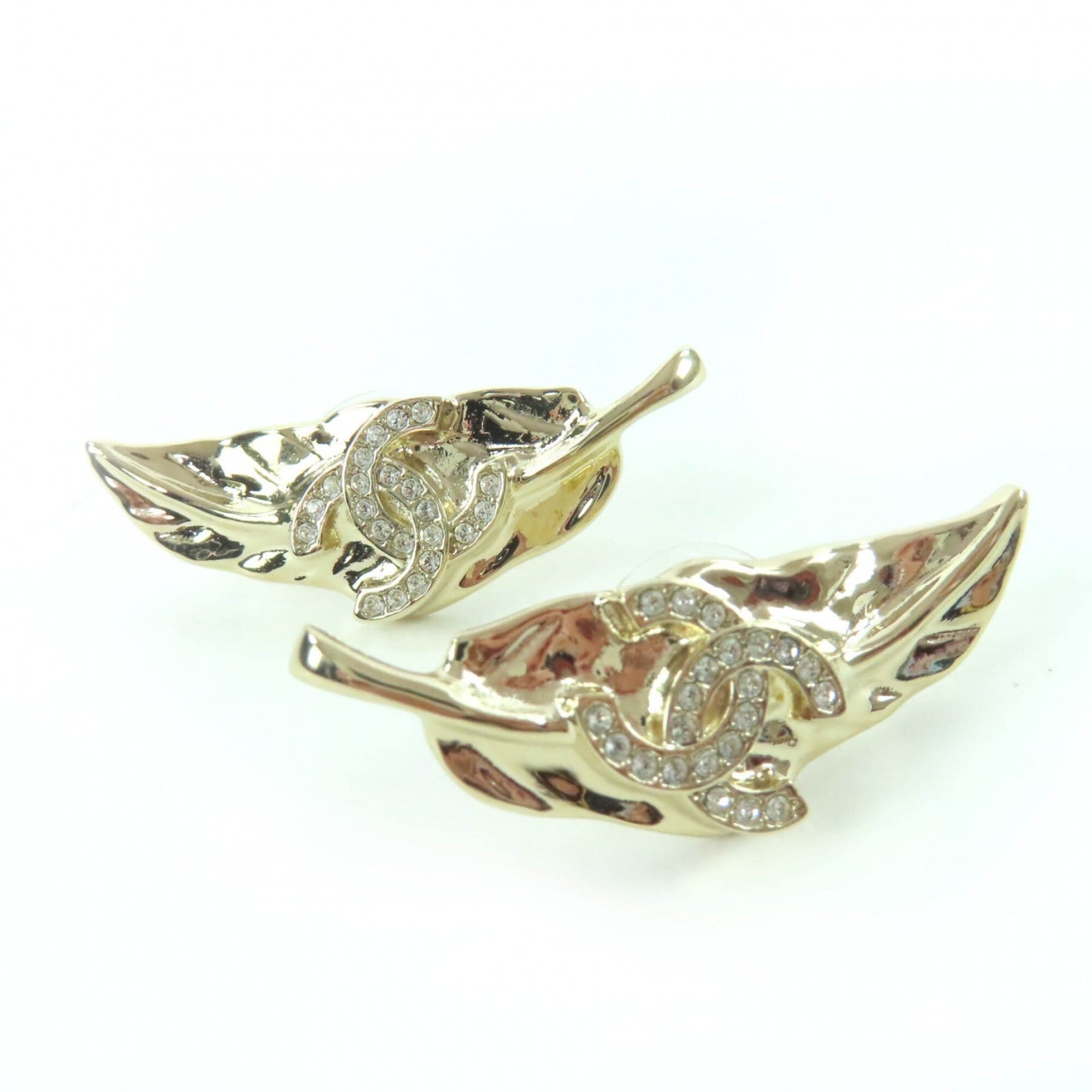 CHANEL I25A Coco Mark Leaf Design Rhinestone Earrings, Gold, Made in Italy, Women's — Like New